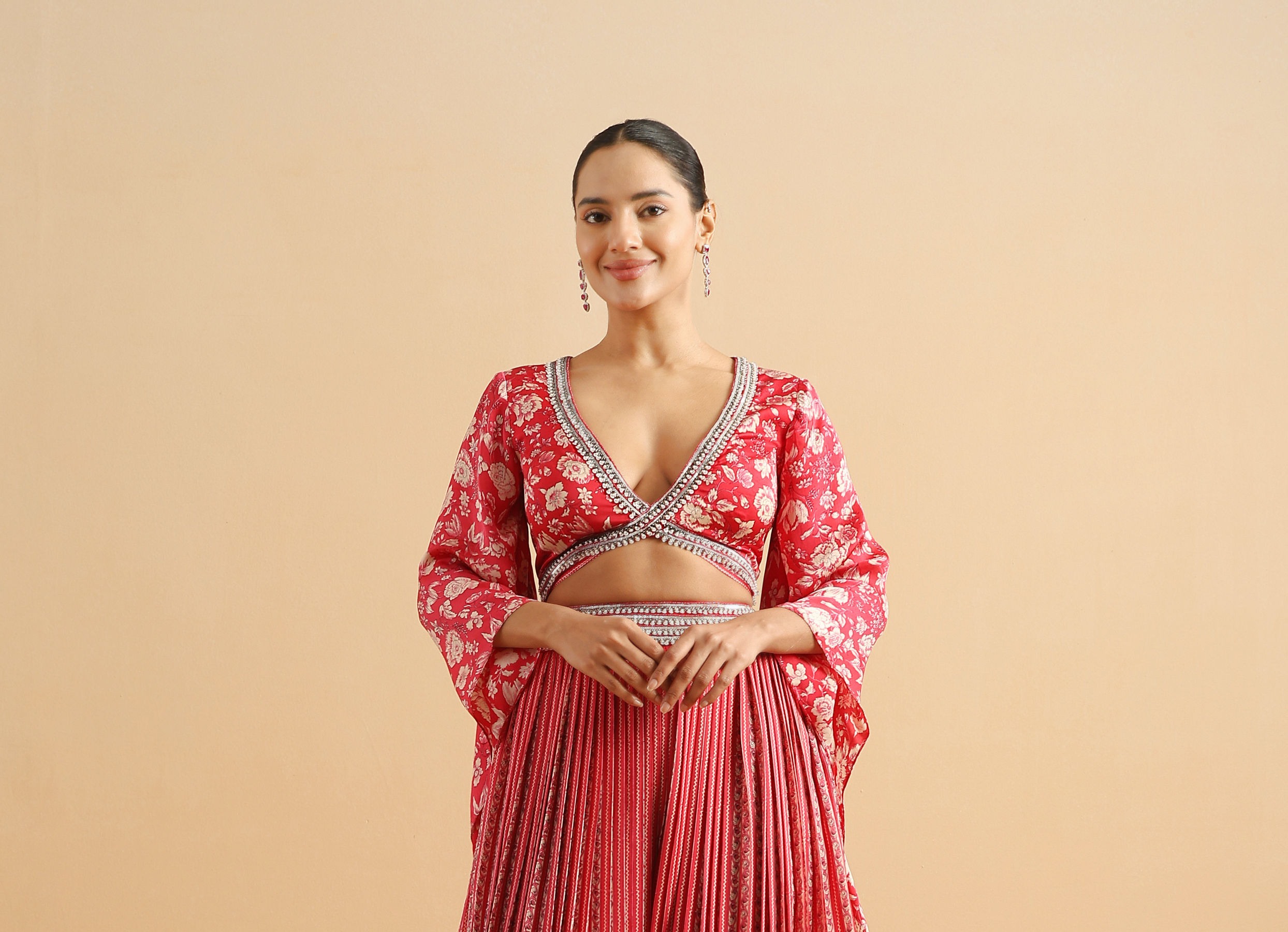 Twamev Women Modern Twist Red Satin Partywear Suit