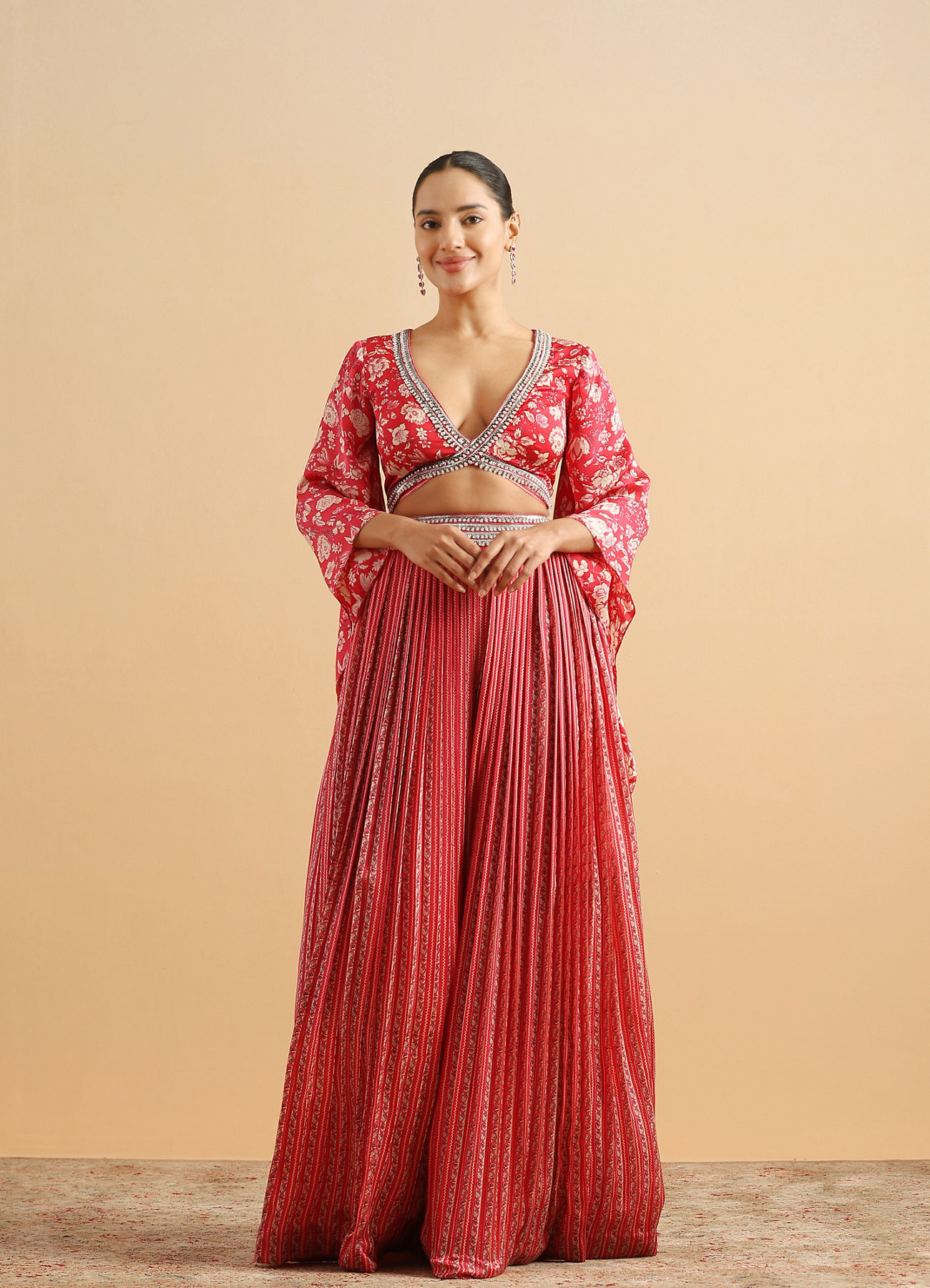 Twamev Women Modern Twist Red Satin Partywear Suit