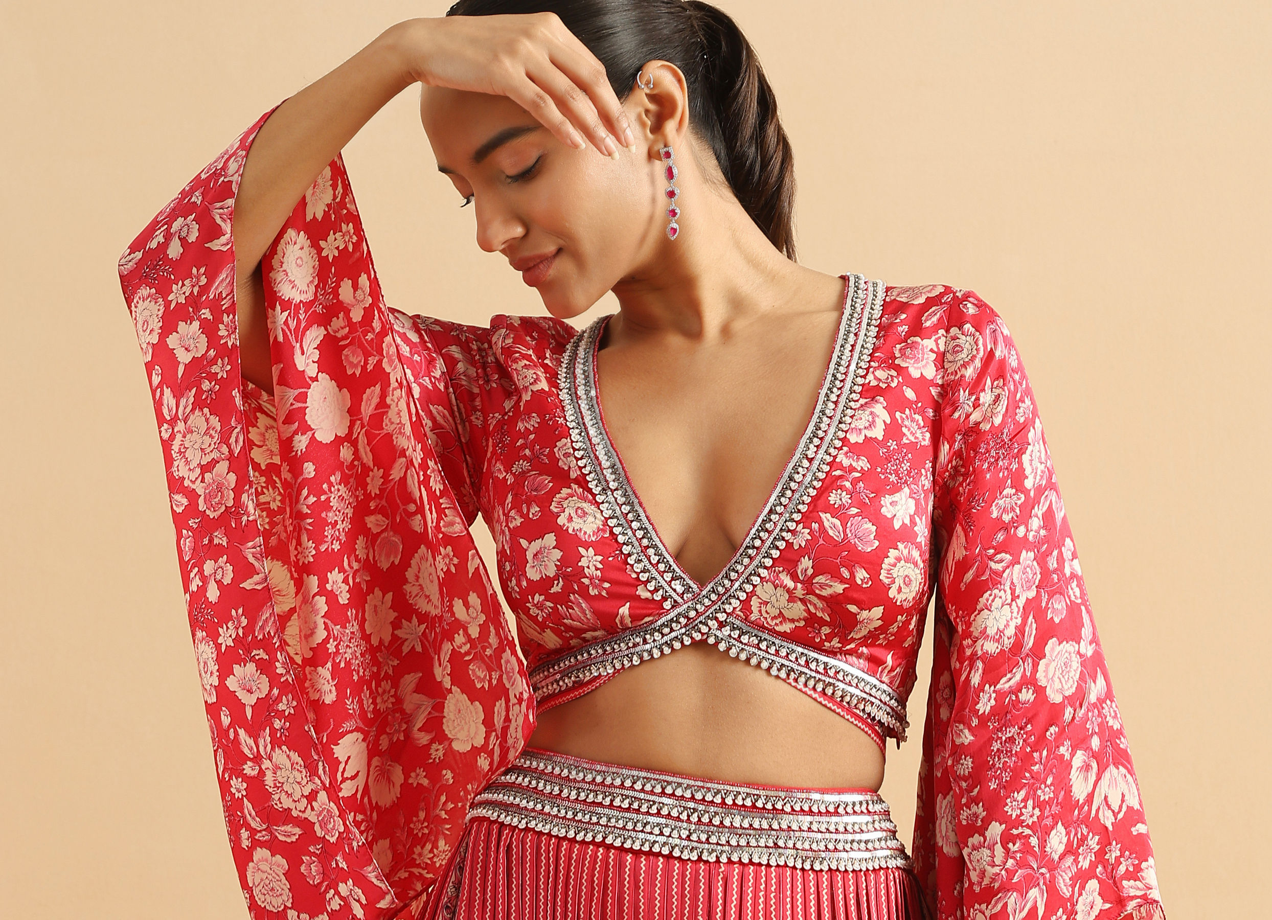 Twamev Women Modern Twist Red Satin Partywear Suit