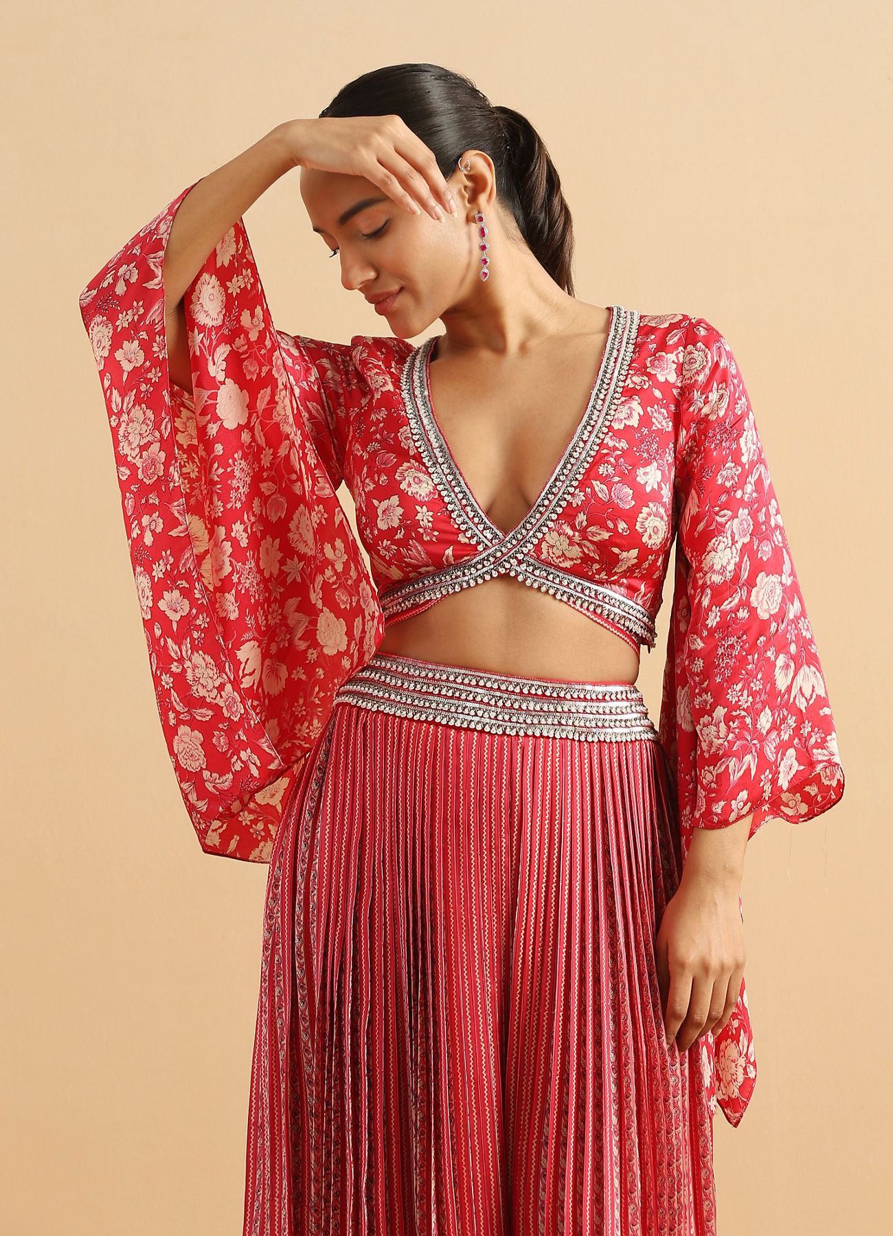 Twamev Women Modern Twist Red Satin Partywear Suit