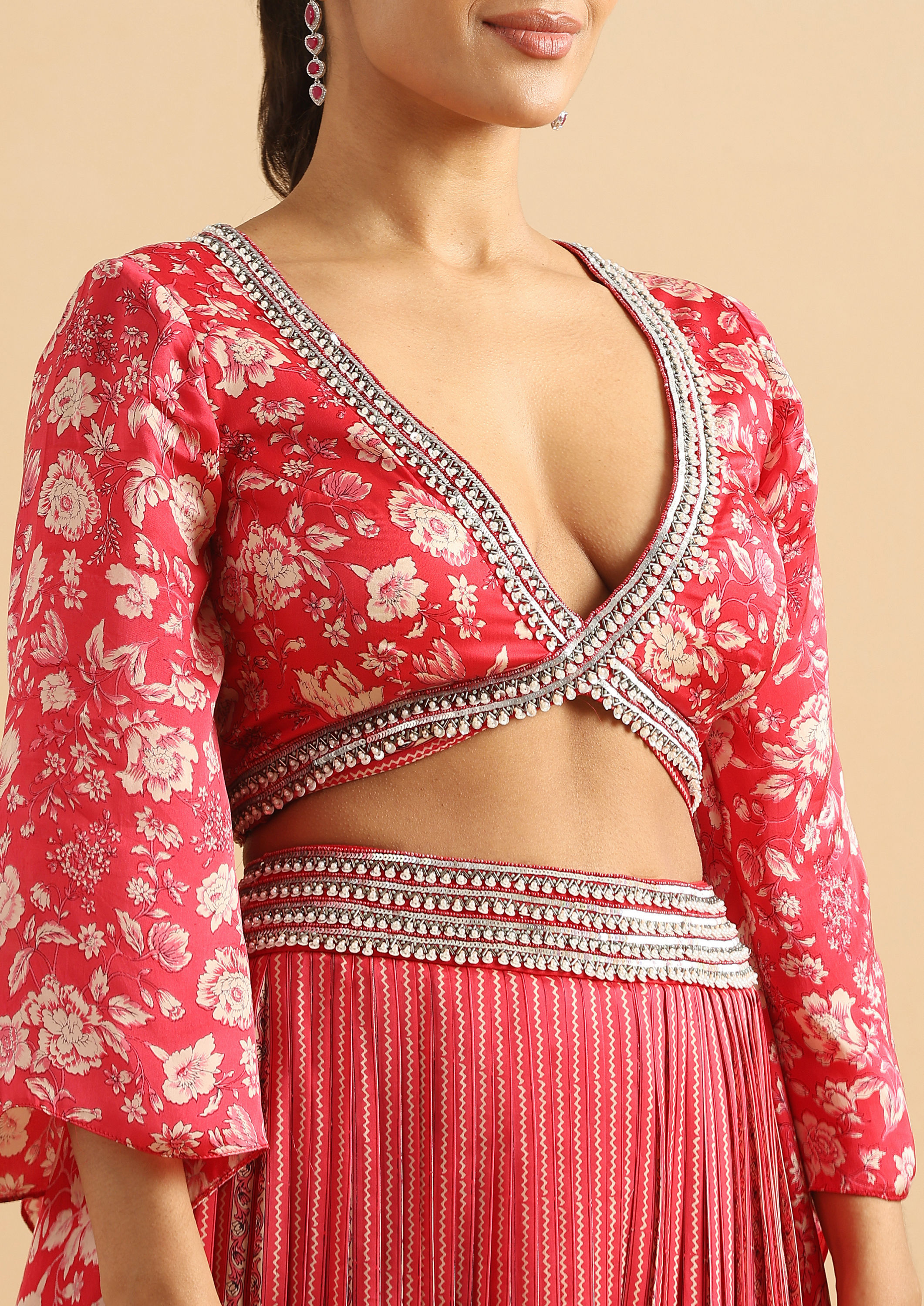 Twamev Women Modern Twist Red Satin Partywear Suit