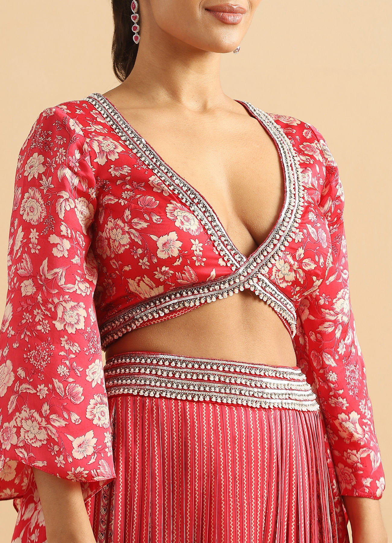 Twamev Women Modern Twist Red Satin Partywear Suit