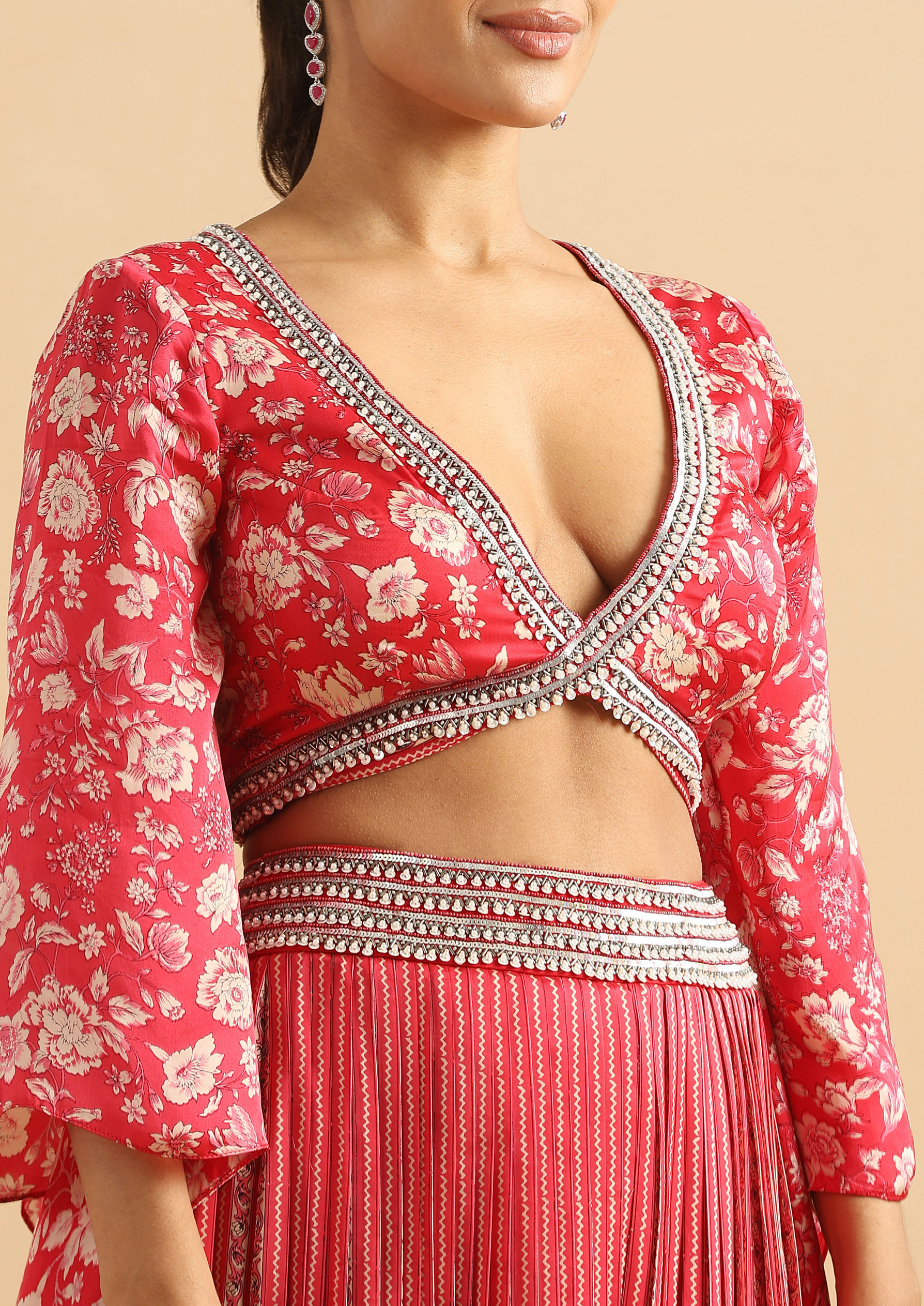 Twamev Women Modern Twist Red Satin Partywear Suit
