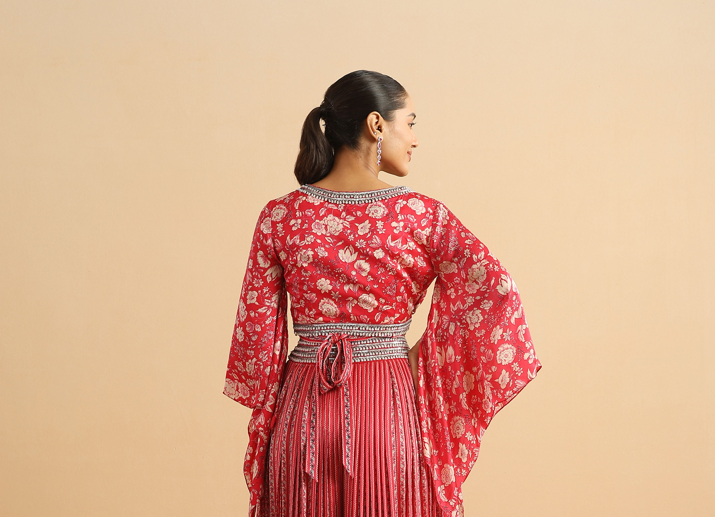 Twamev Women Modern Twist Red Satin Partywear Suit