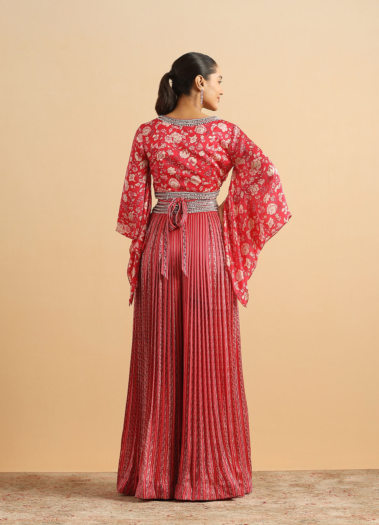 Twamev Women Modern Twist Red Satin Partywear Suit