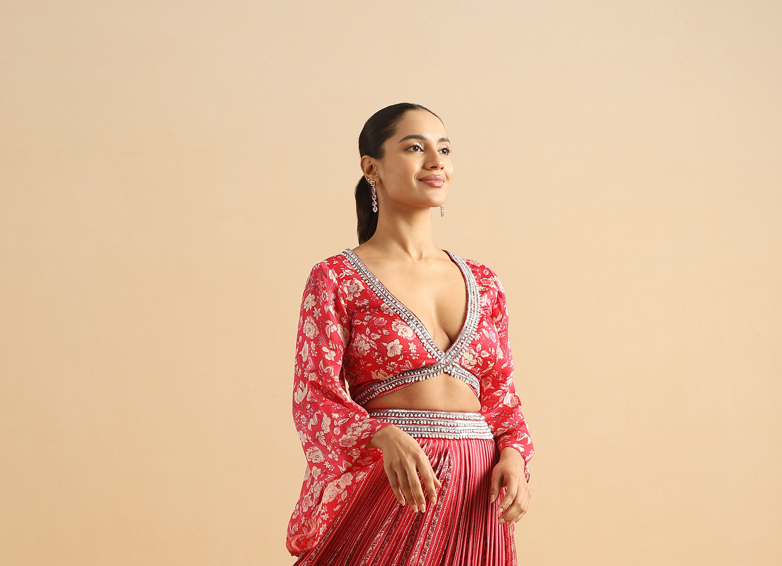 Twamev Women Modern Twist Red Satin Partywear Suit