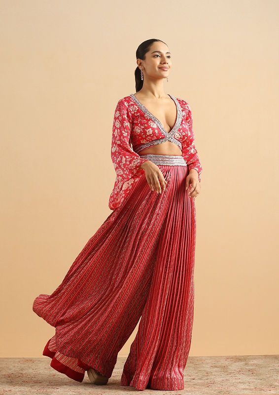 Twamev Women Modern Twist Red Satin Partywear Suit