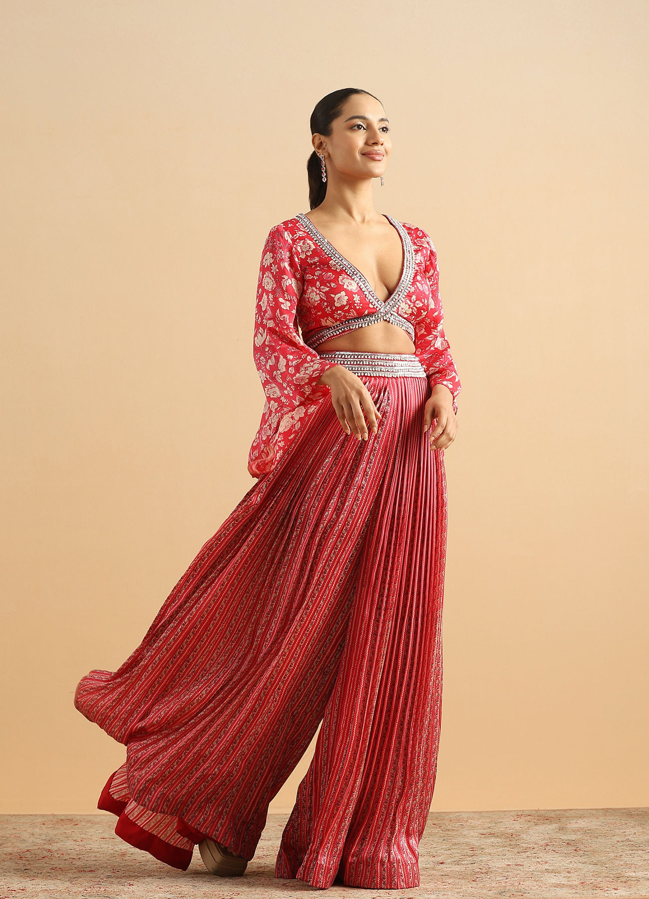 Twamev Women Modern Twist Red Satin Partywear Suit