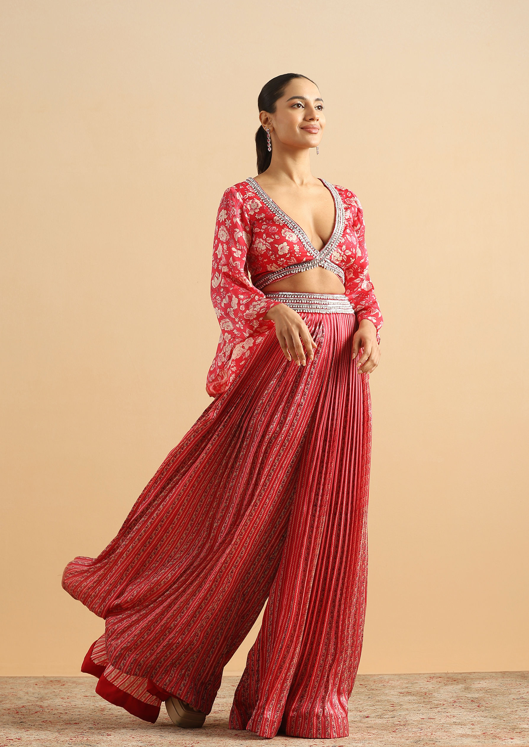 Twamev Women Modern Twist Red Satin Partywear Suit