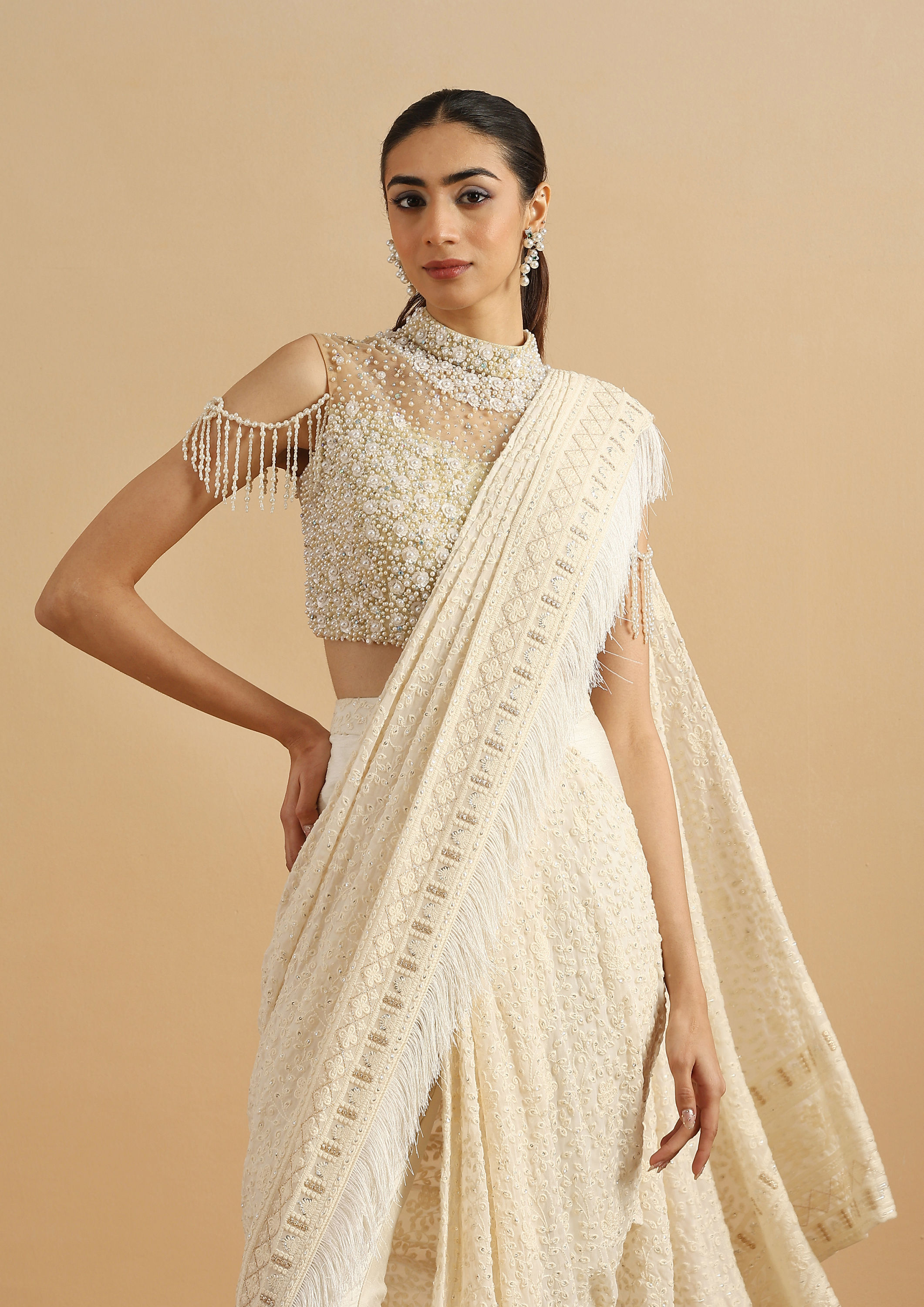 Twamev Women Regal Cream Fancy Partywear Saree