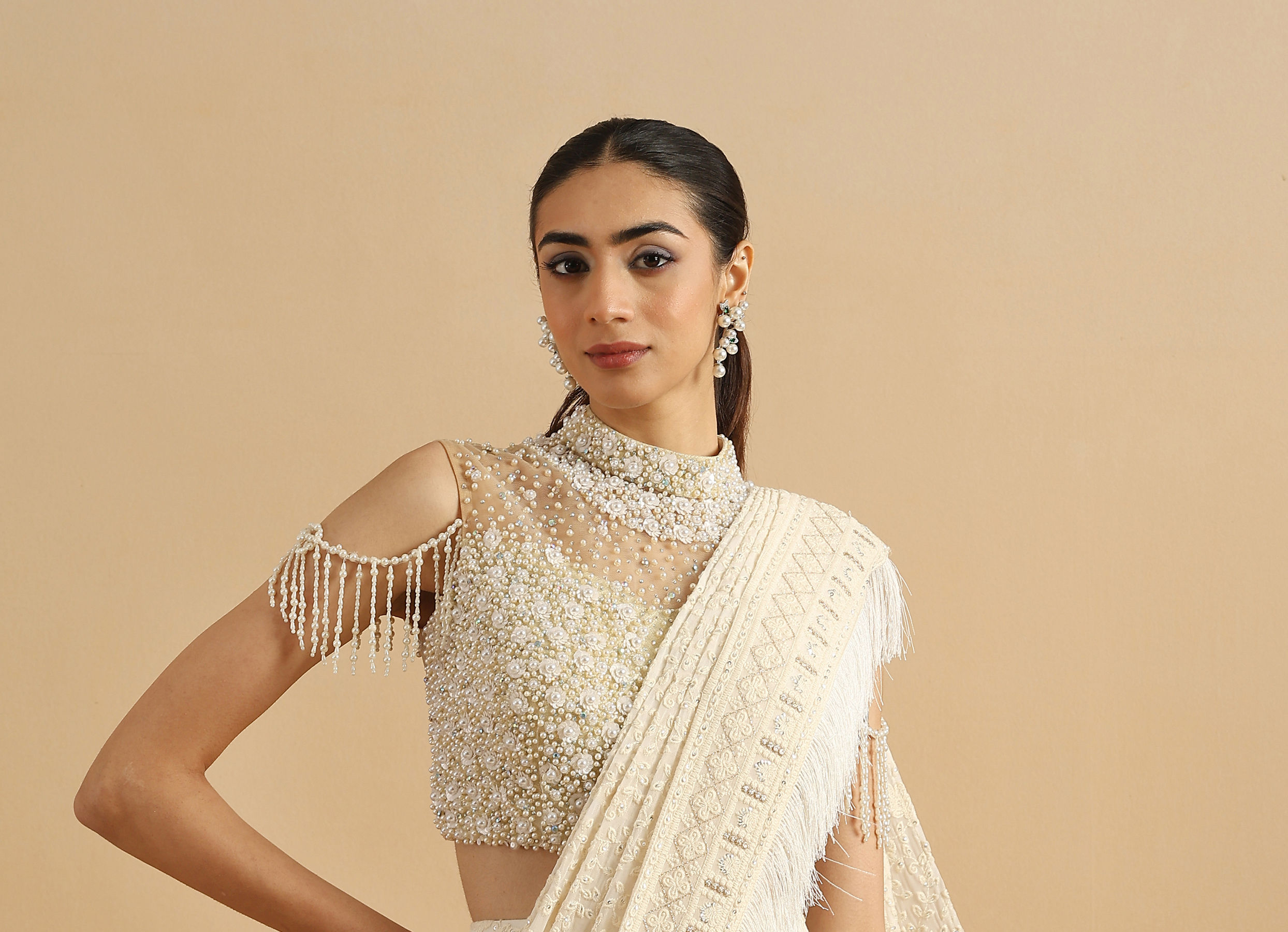 Twamev Women Regal Cream Fancy Partywear Saree