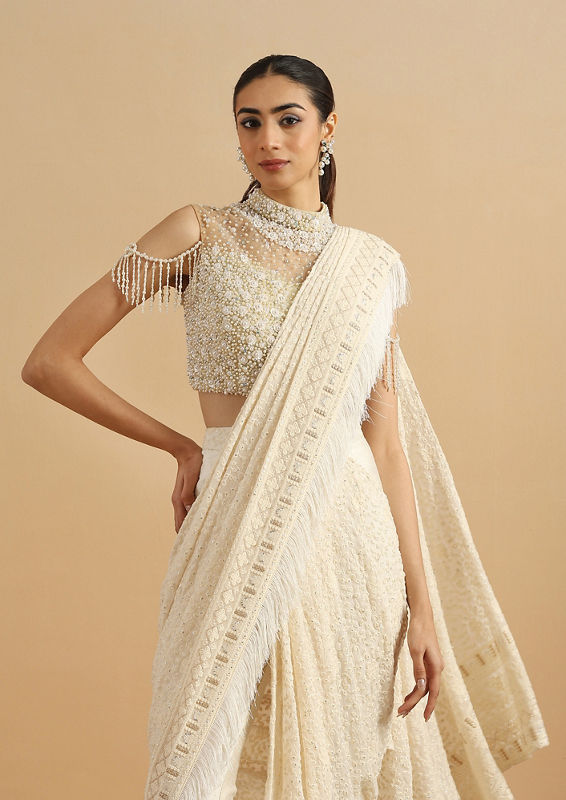 Twamev Women Regal Cream Fancy Partywear Saree
