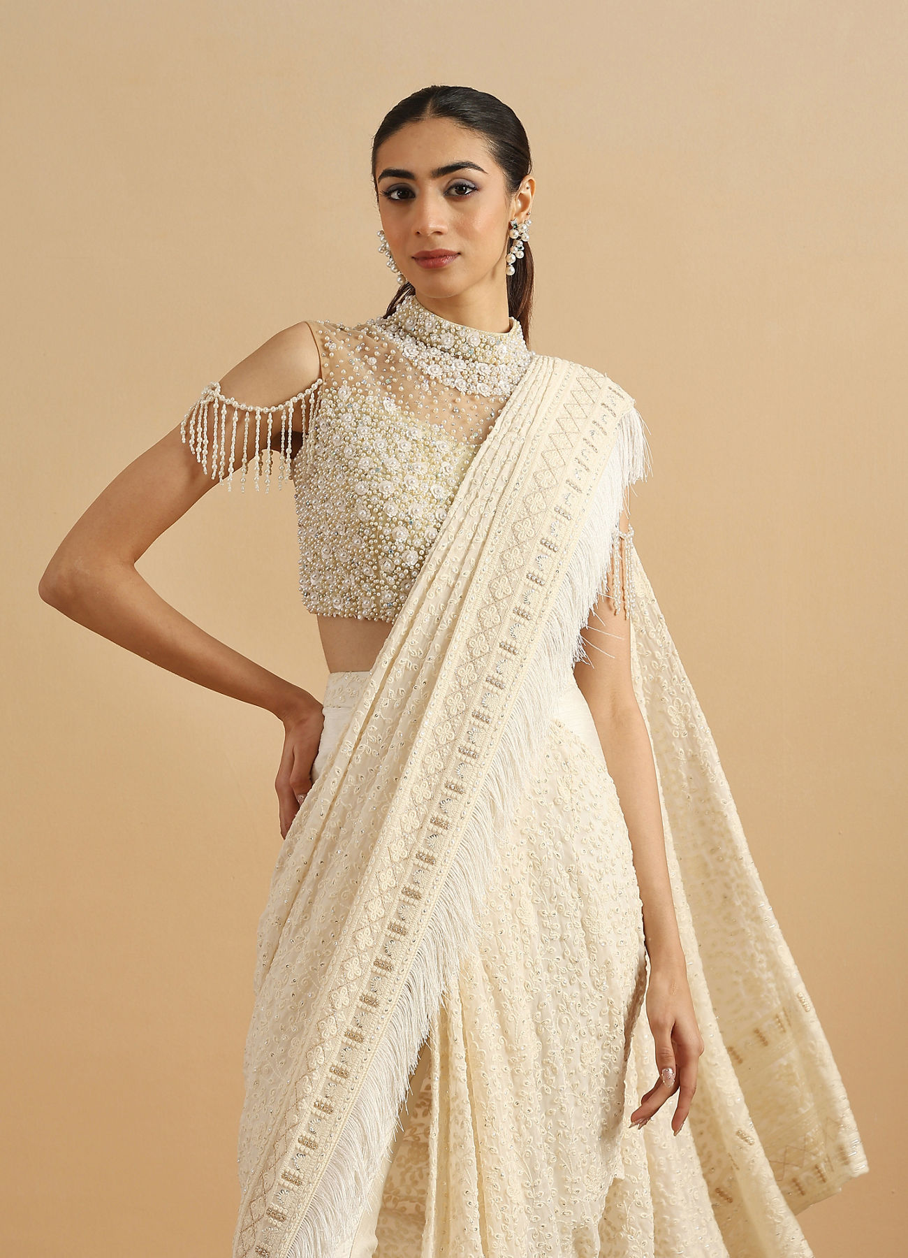 Twamev Women Regal Cream Fancy Partywear Saree