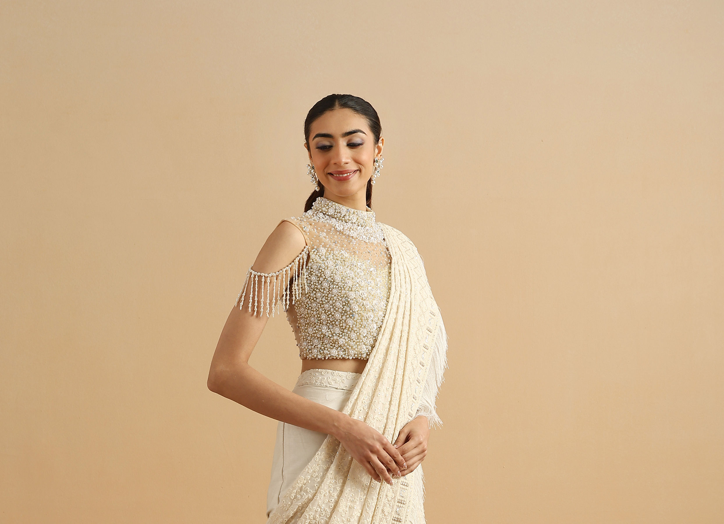 Twamev Women Regal Cream Fancy Partywear Saree