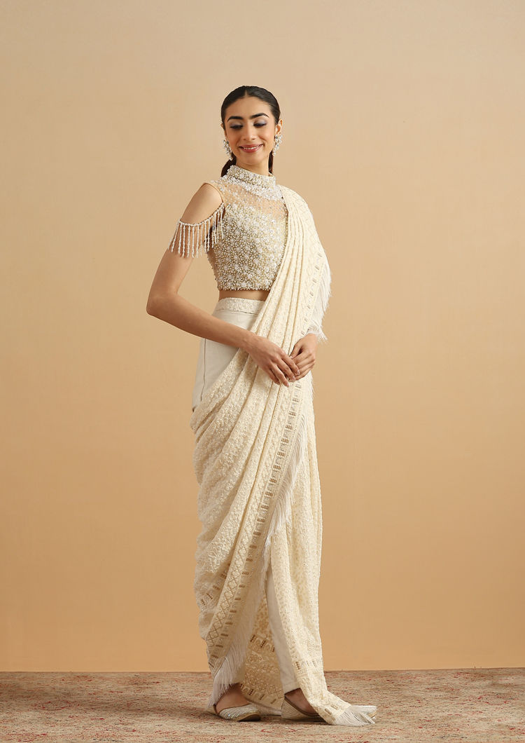 alt message - Twamev Women Regal Cream Fancy Partywear Saree image number 3