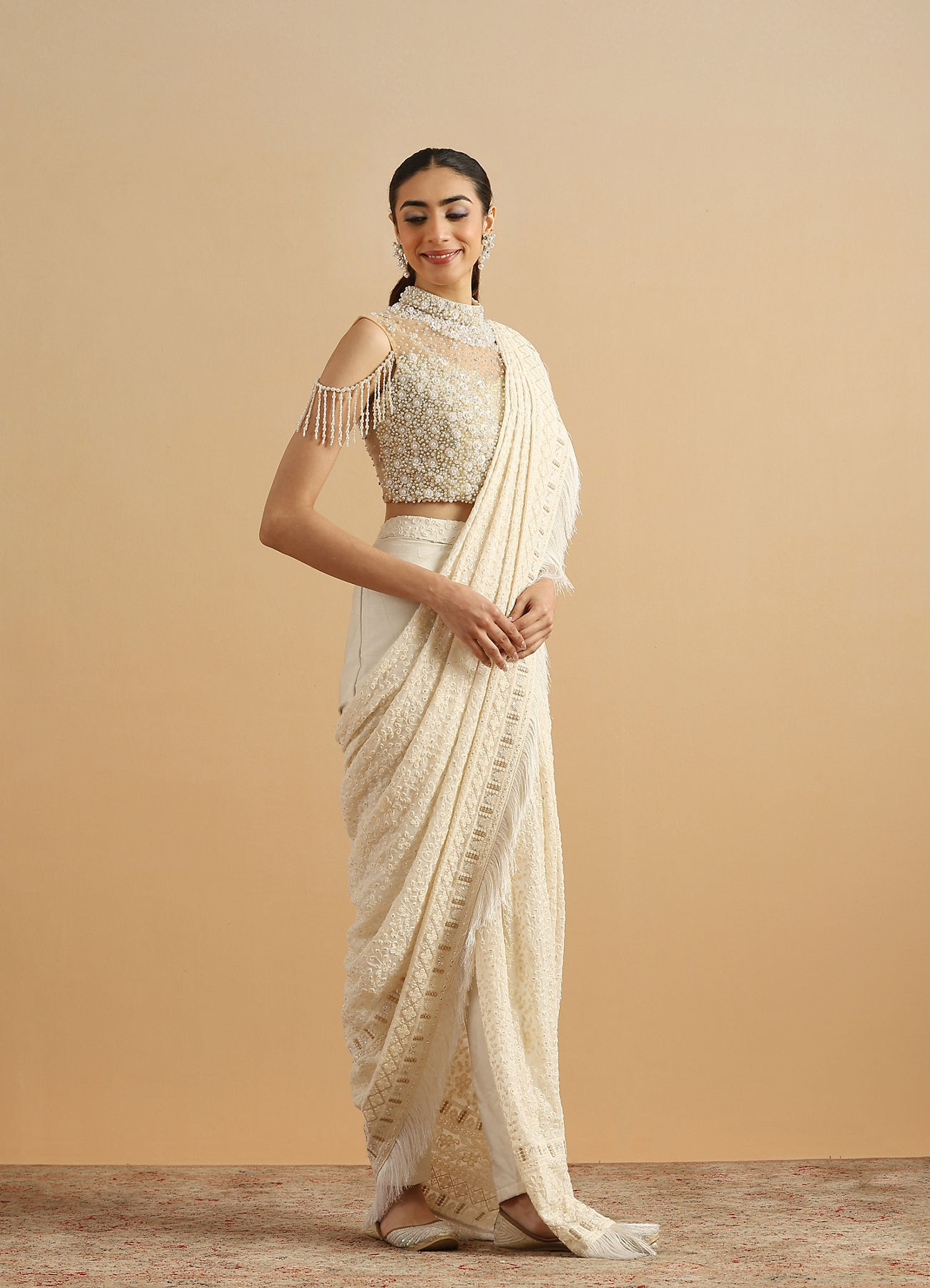 Twamev Women Regal Cream Fancy Partywear Saree