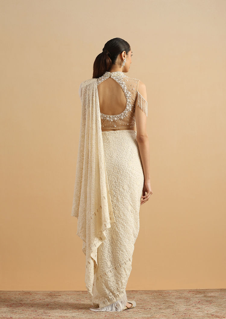 Twamev Women Regal Cream Fancy Partywear Saree