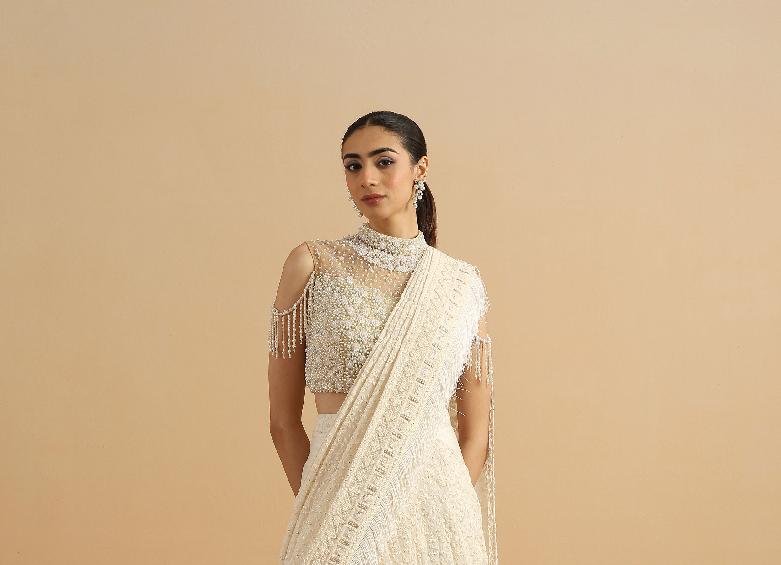 Twamev Women Regal Cream Fancy Partywear Saree