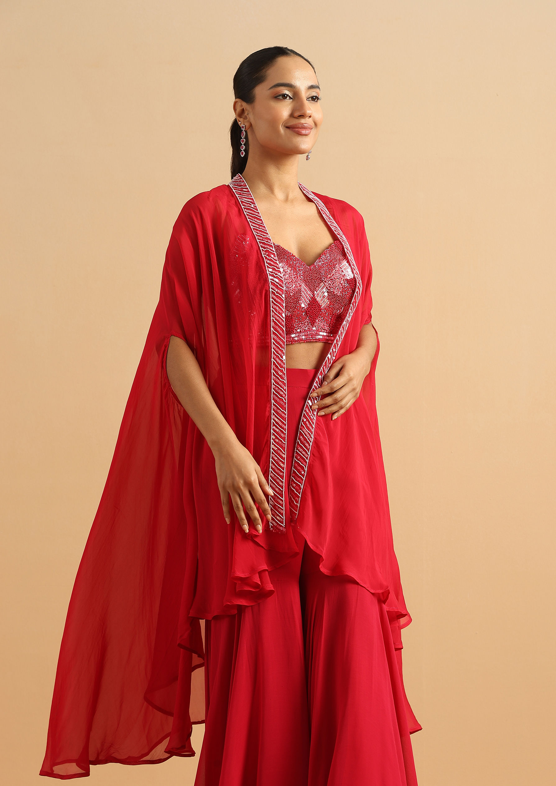Twamev Women Glamorous Red Partywear Suit