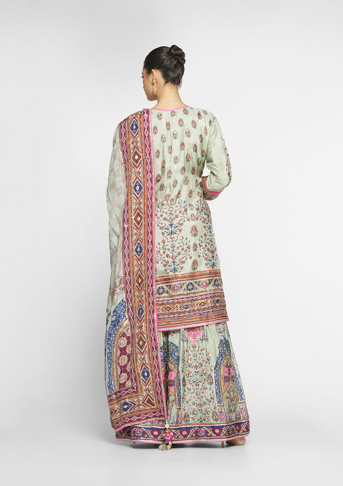 Twamev Women Lustrous Pista Green Satin Stitched Suit