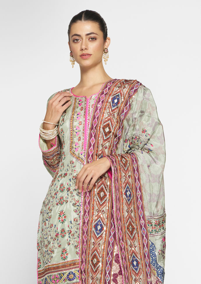 Twamev Women Lustrous Pista Green Satin Stitched Suit