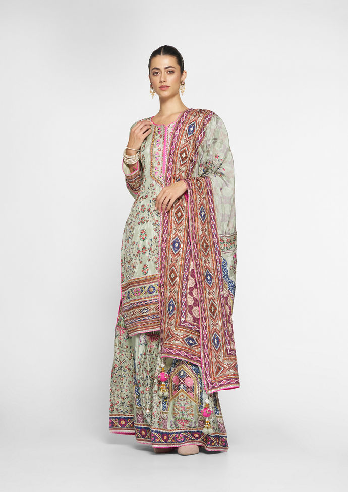 Twamev Women Lustrous Pista Green Satin Stitched Suit