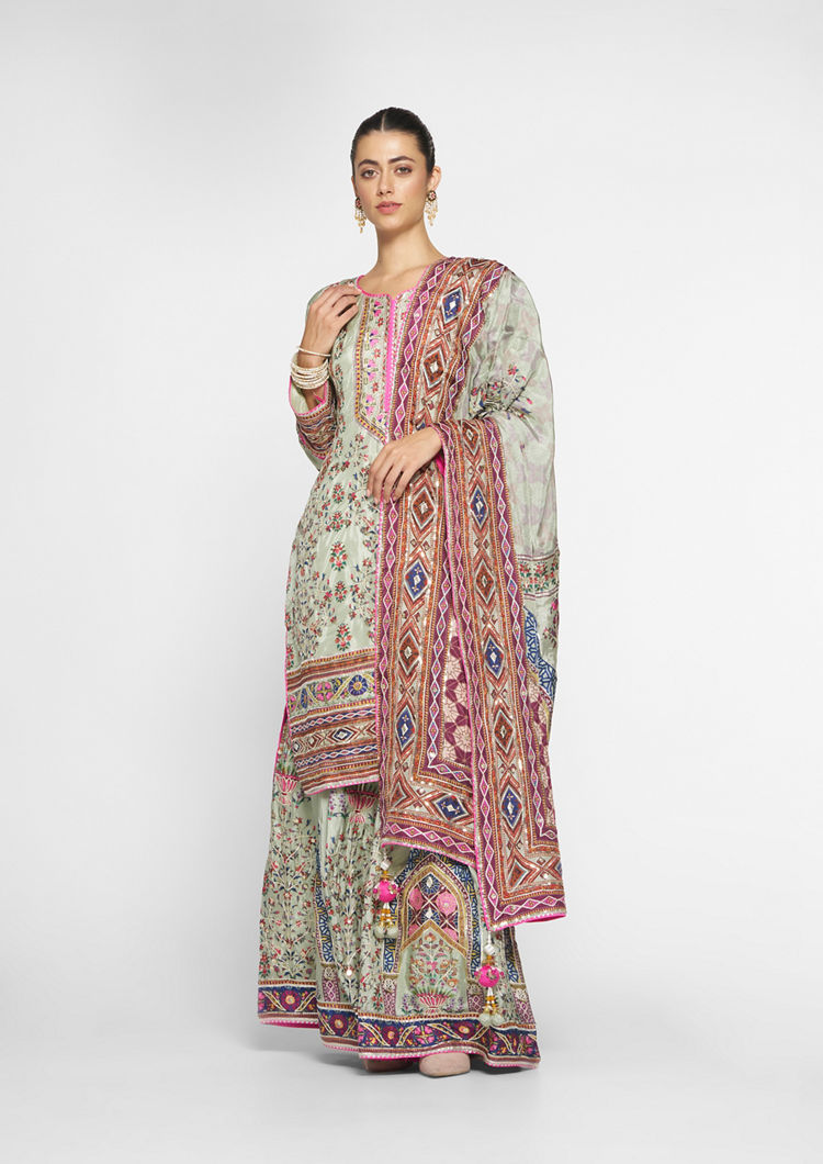 Twamev Women Lustrous Pista Green Satin Stitched Suit