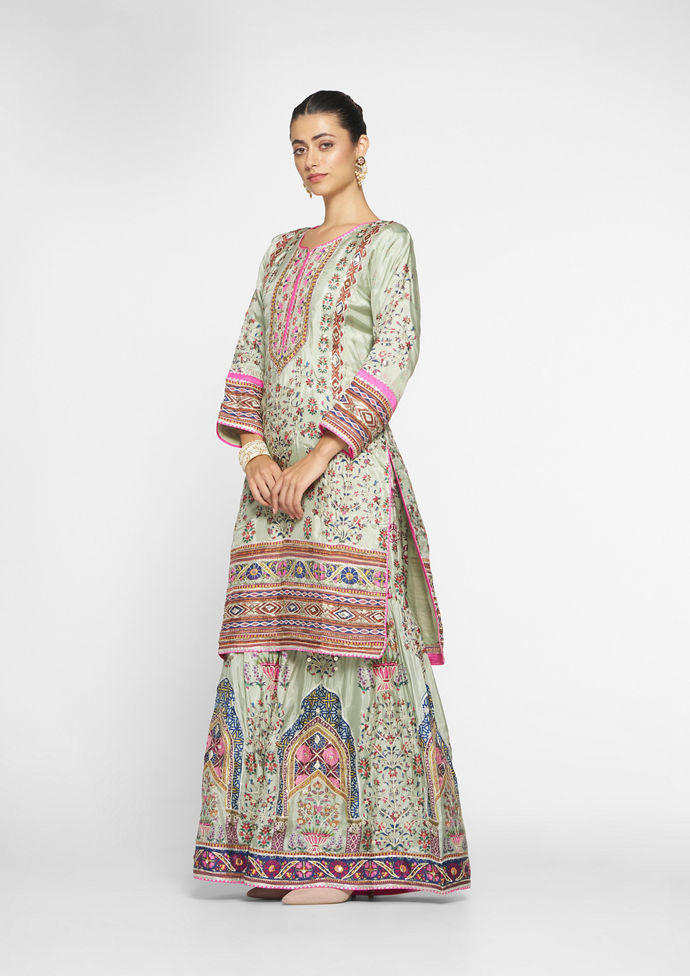 Twamev Women Lustrous Pista Green Satin Stitched Suit