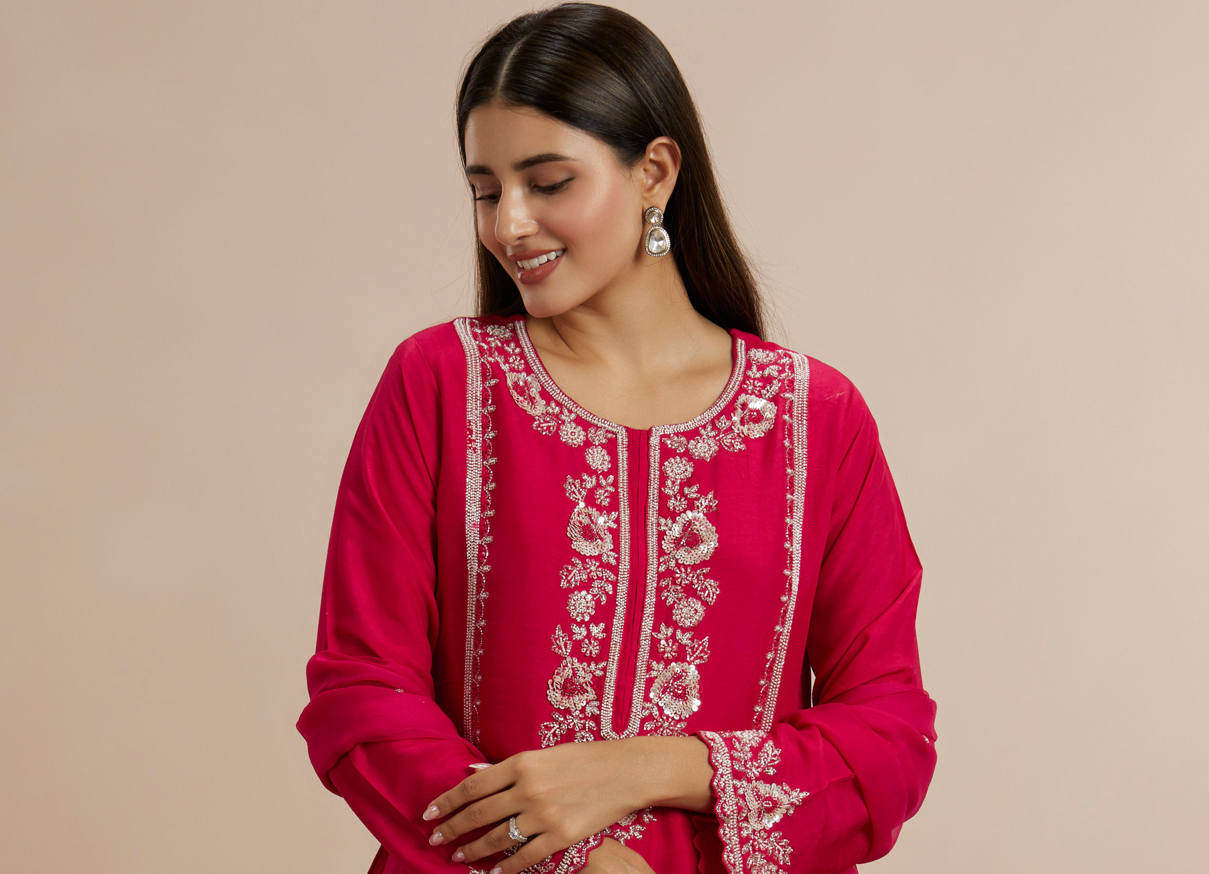 Twamev Women Resplendent Rani Pink Stitched Suit