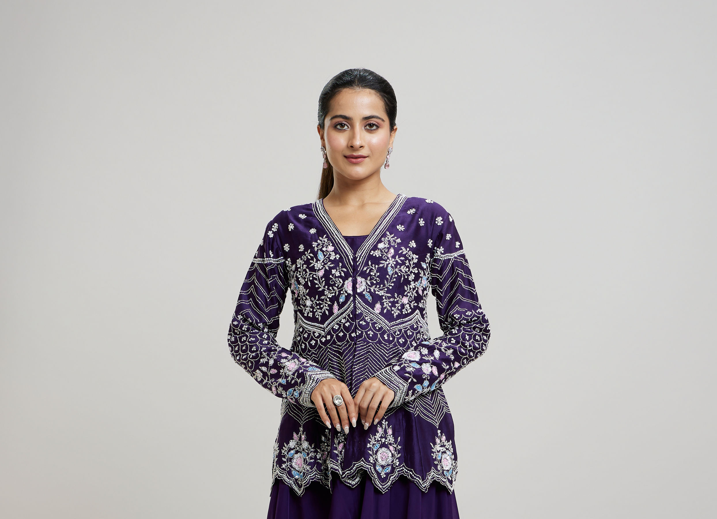 Twamev Women Elegant Purple Stitched Suit