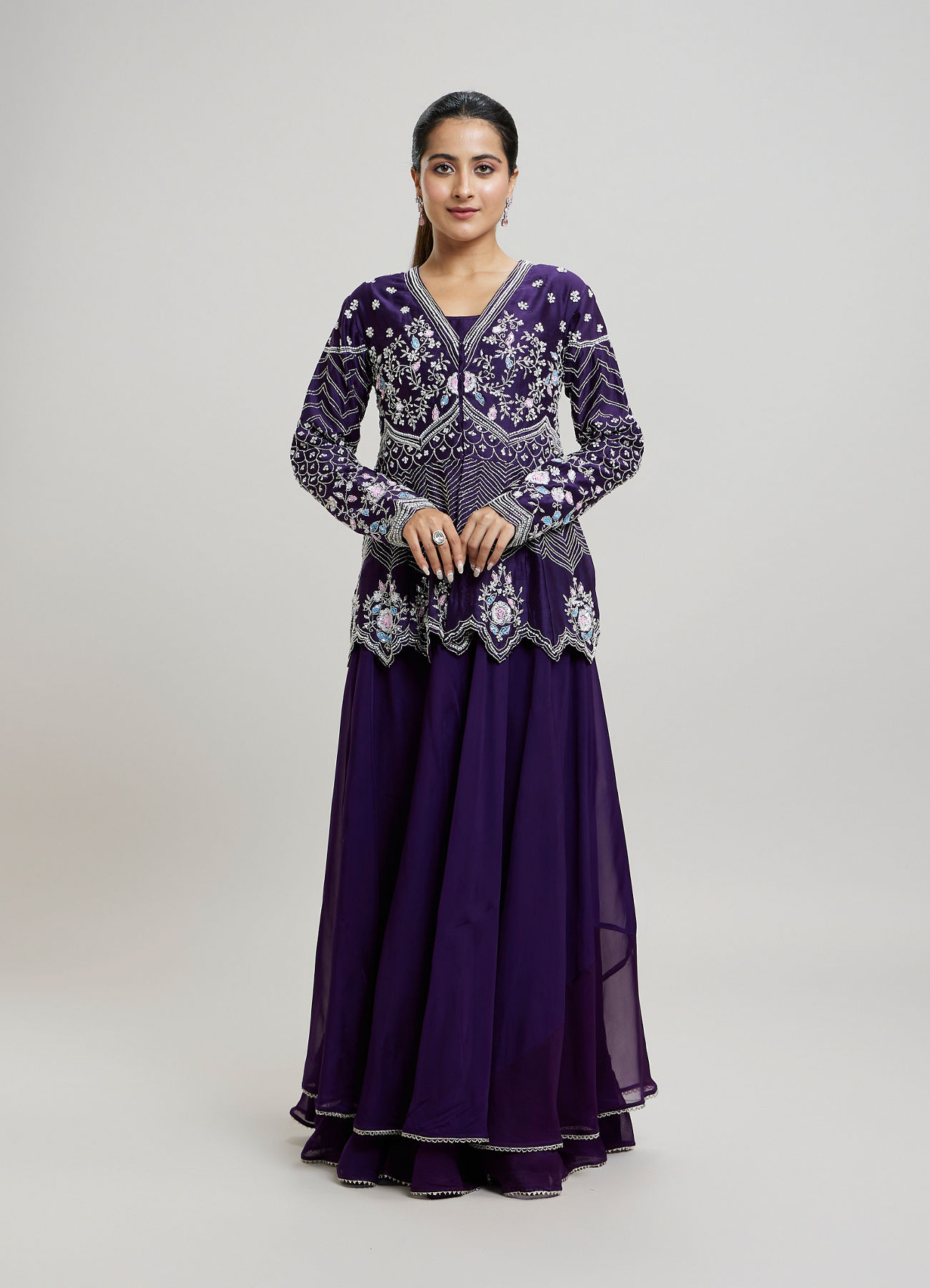 Twamev Women Elegant Purple Stitched Suit