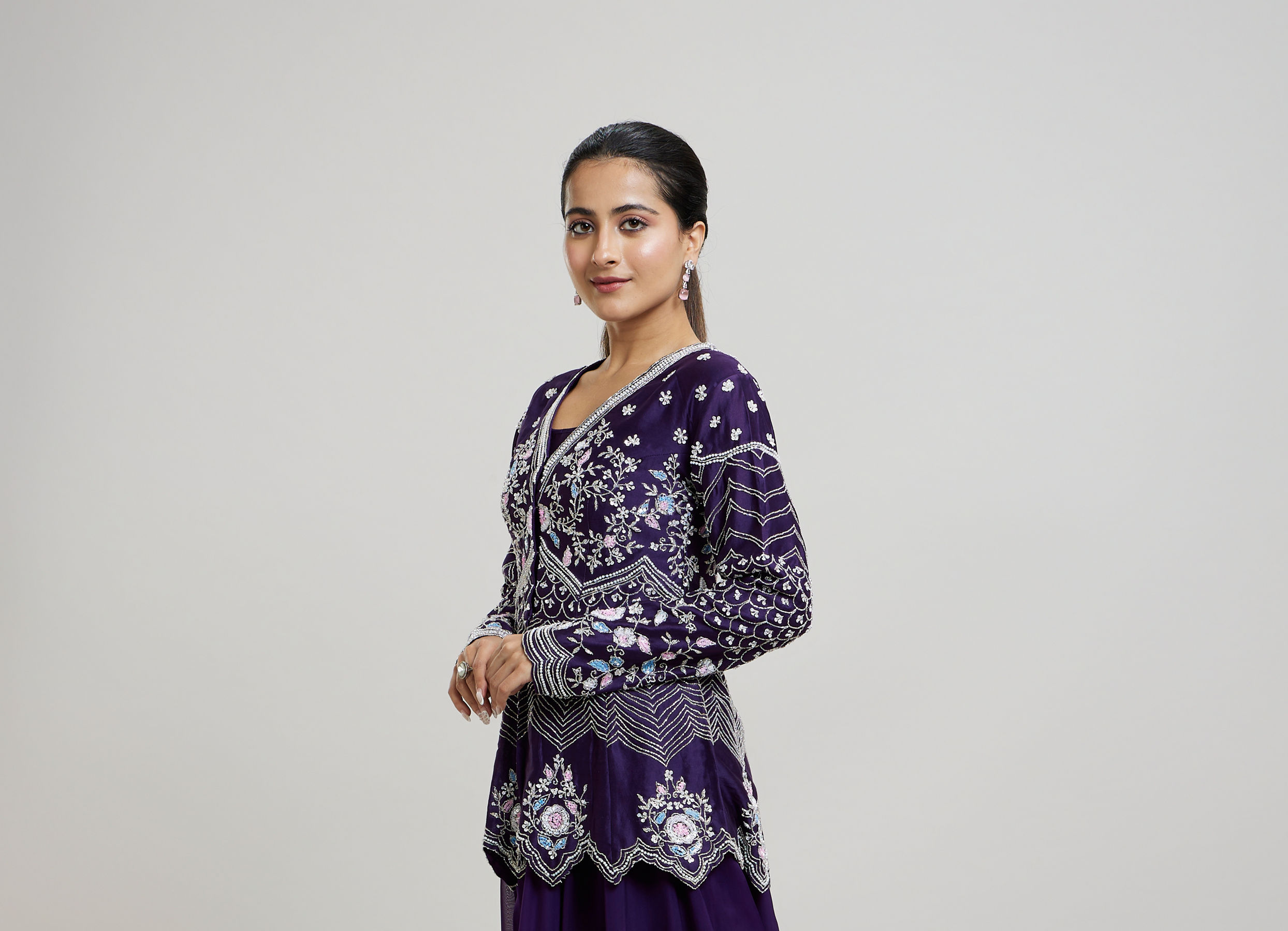 Twamev Women Elegant Purple Stitched Suit
