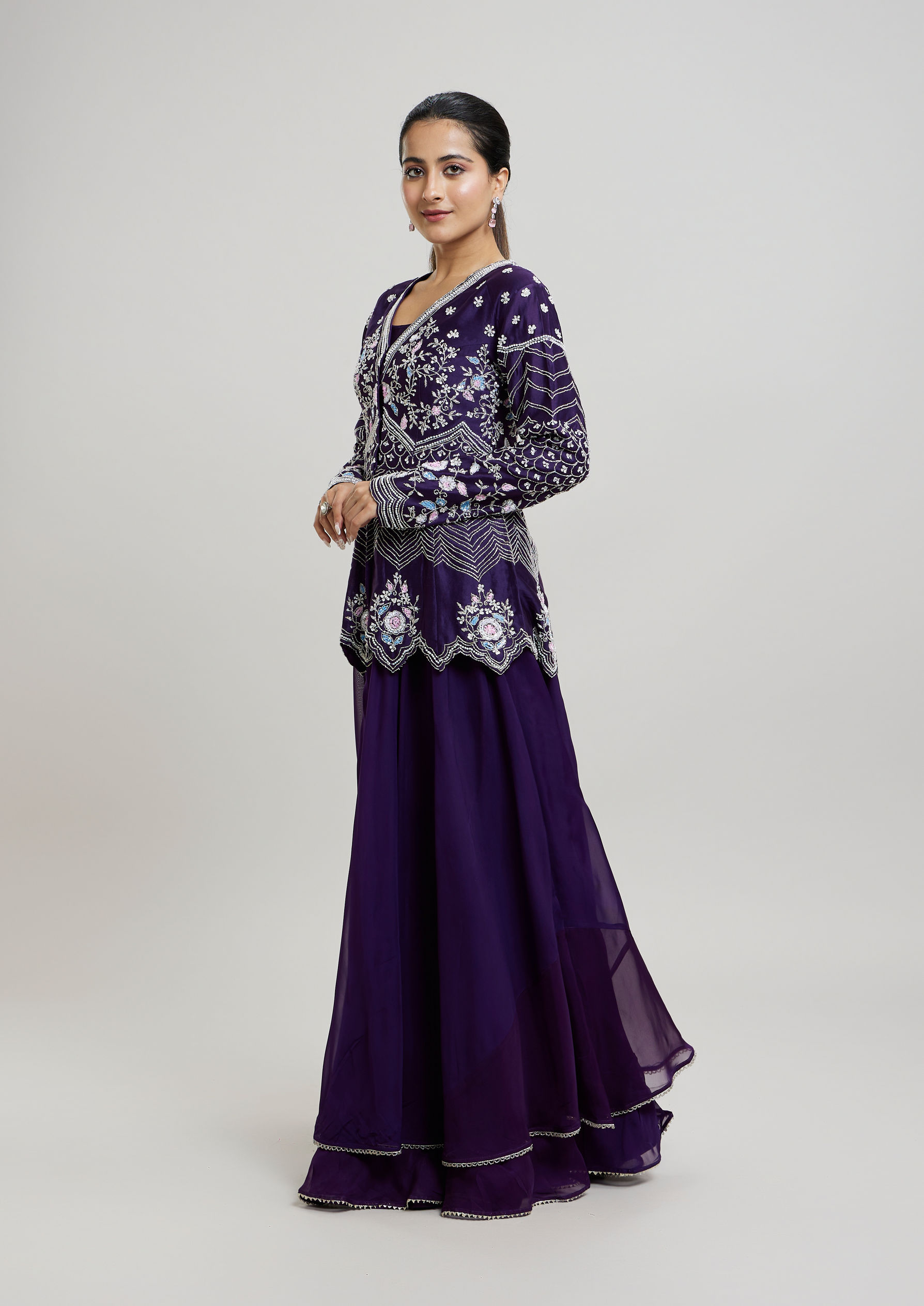 Twamev Women Elegant Purple Stitched Suit