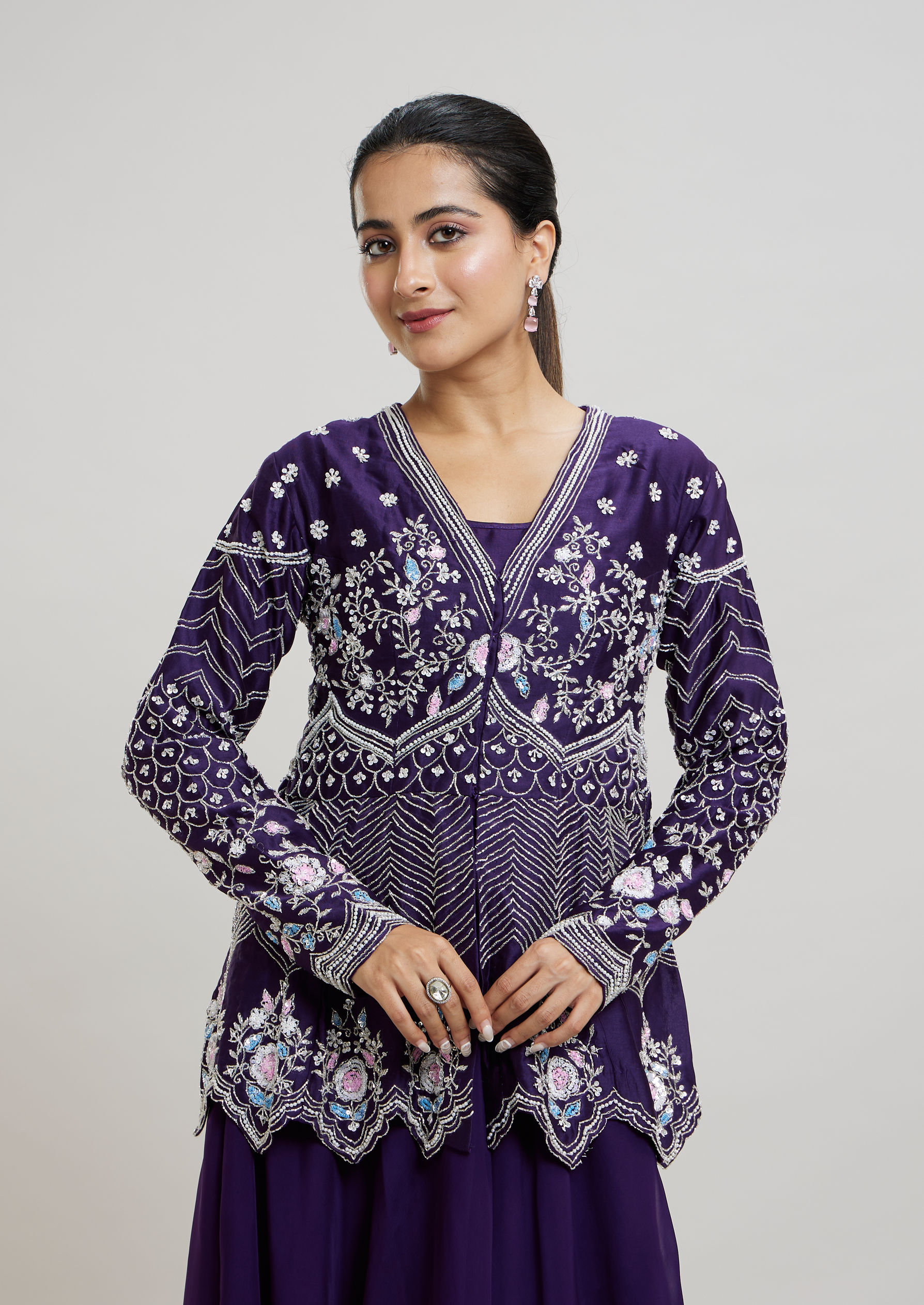 Twamev Women Elegant Purple Stitched Suit