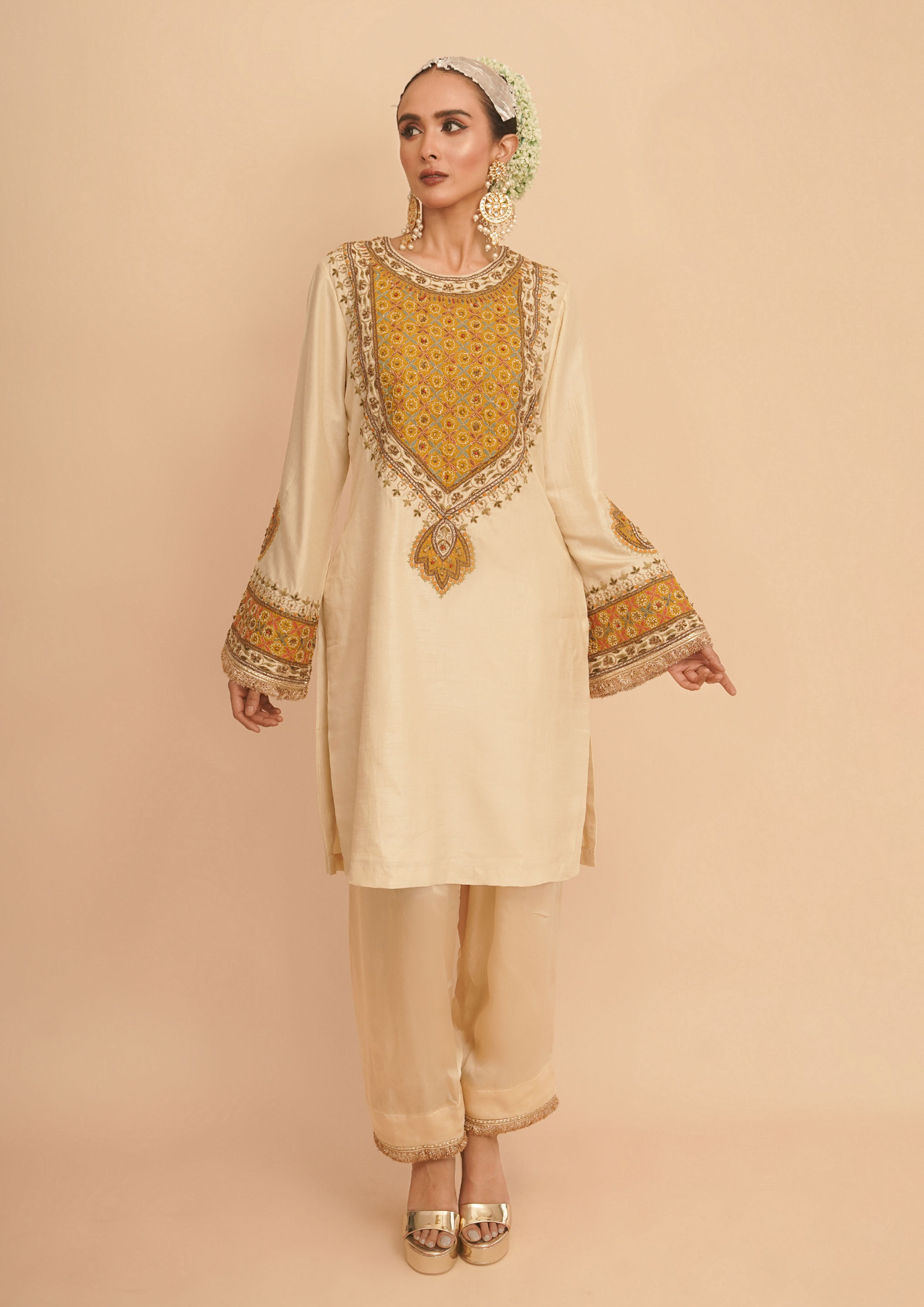 Twamev Women Cream Elegance Stitched Suit
