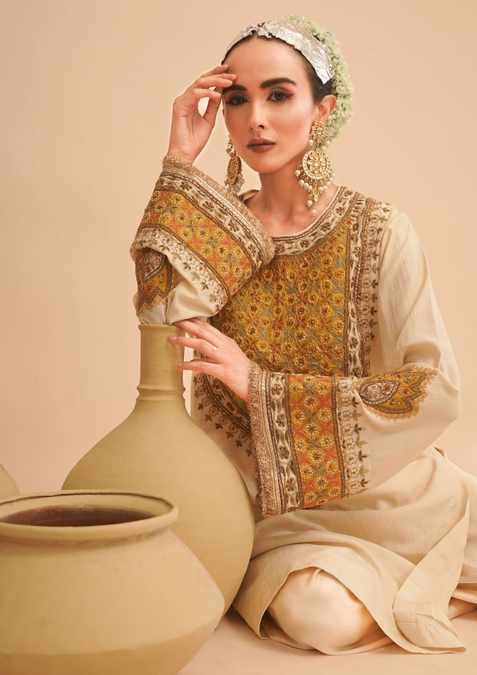 Twamev Women Cream Elegance Stitched Suit