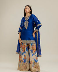 Twamev Women Royal Blue Silk Printed and Sequin Embroidered Sharara Suit