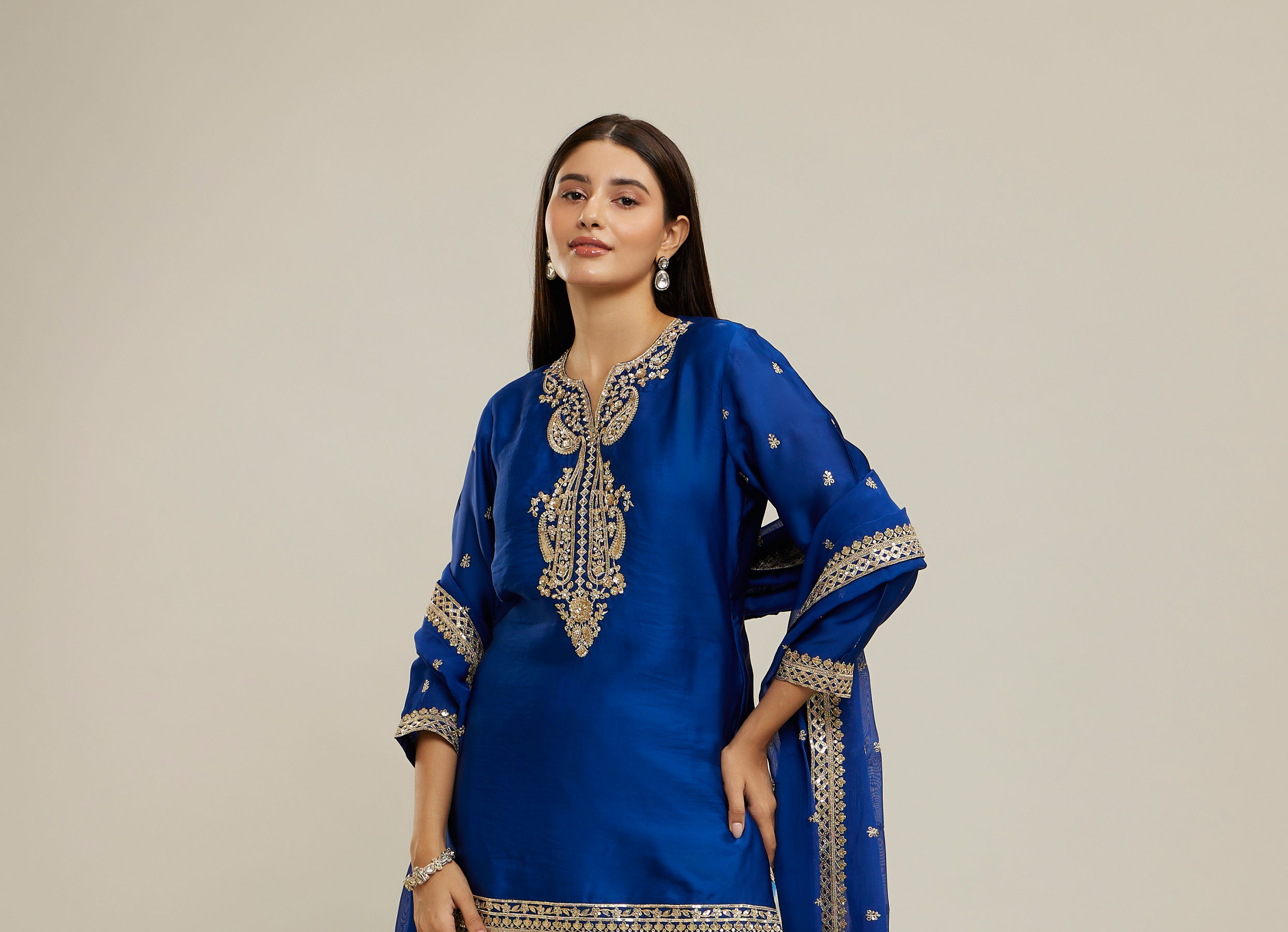 Twamev Women Royal Blue Silk Printed and Sequin Embroidered Sharara Suit