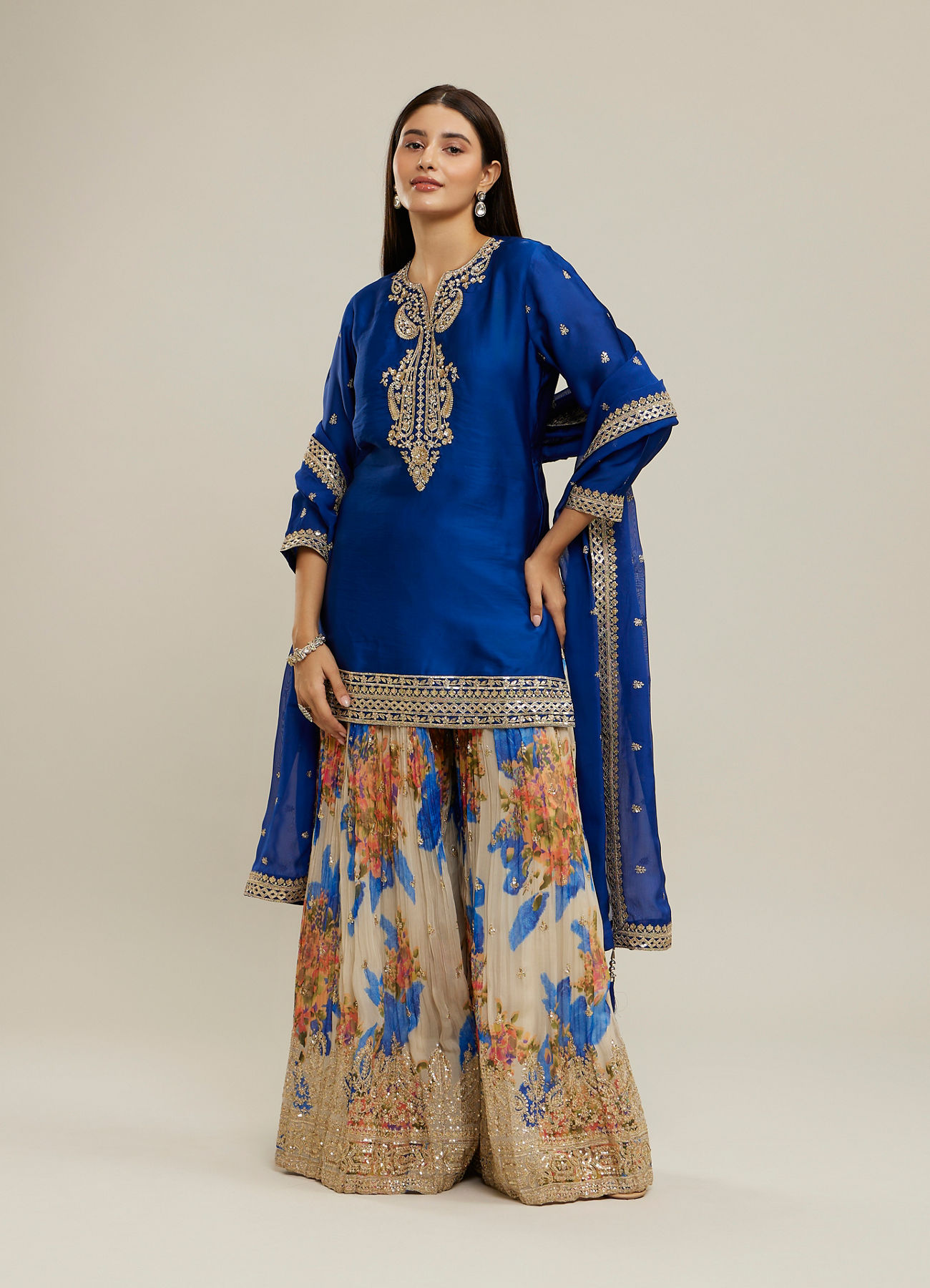 Twamev Women Royal Blue Silk Printed and Sequin Embroidered Sharara Suit