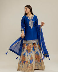 Twamev Women Royal Blue Silk Printed and Sequin Embroidered Sharara Suit