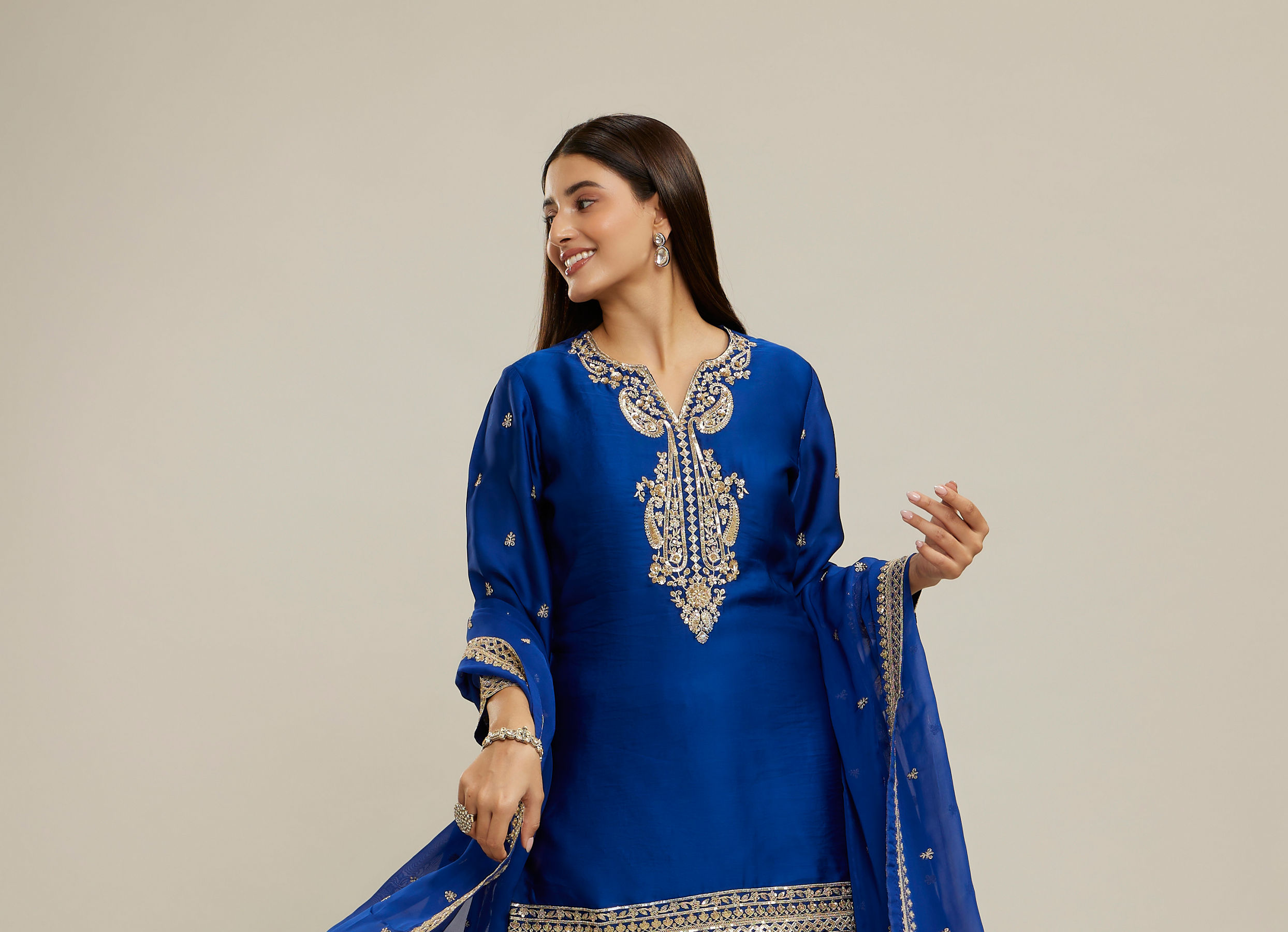 Twamev Women Royal Blue Silk Printed and Sequin Embroidered Sharara Suit