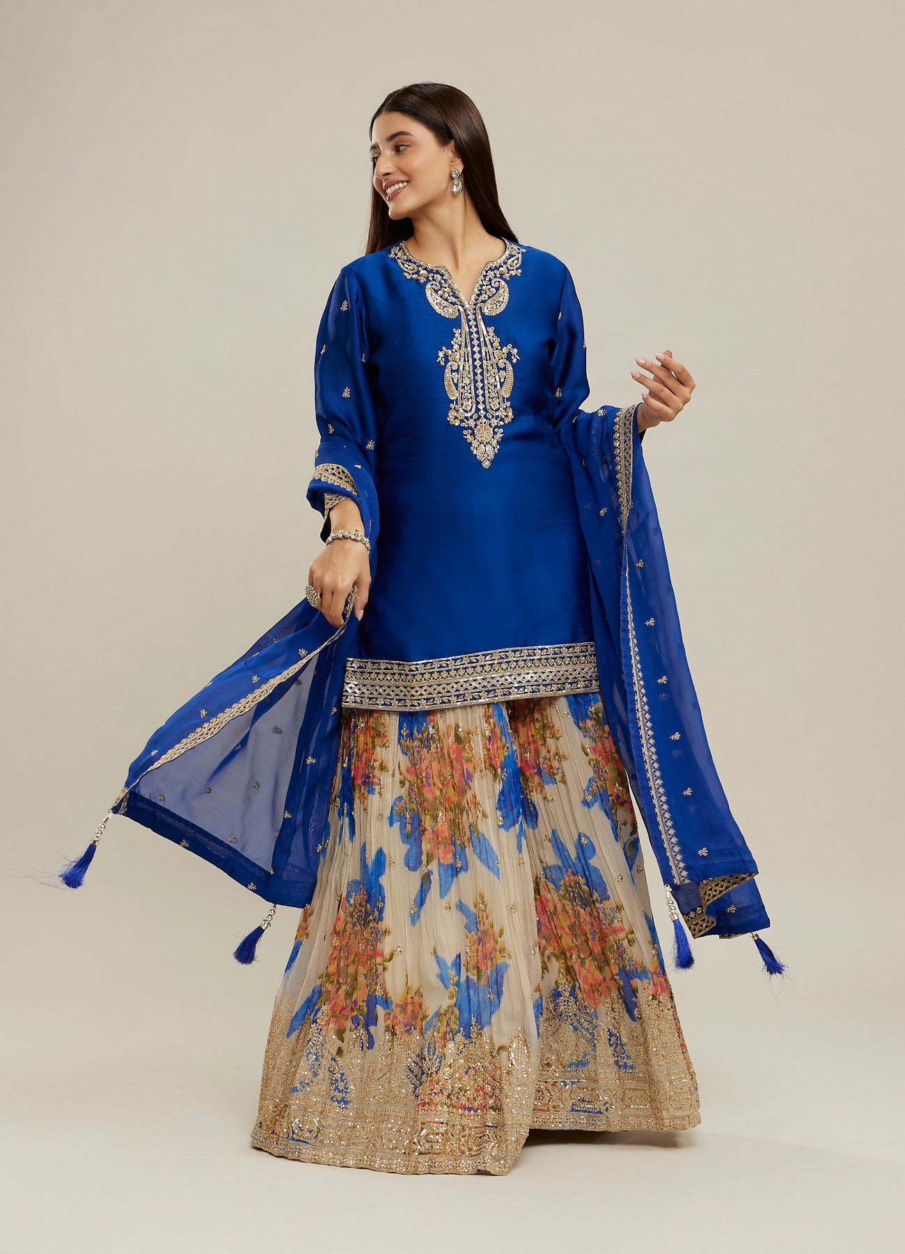 Twamev Women Royal Blue Silk Printed and Sequin Embroidered Sharara Suit