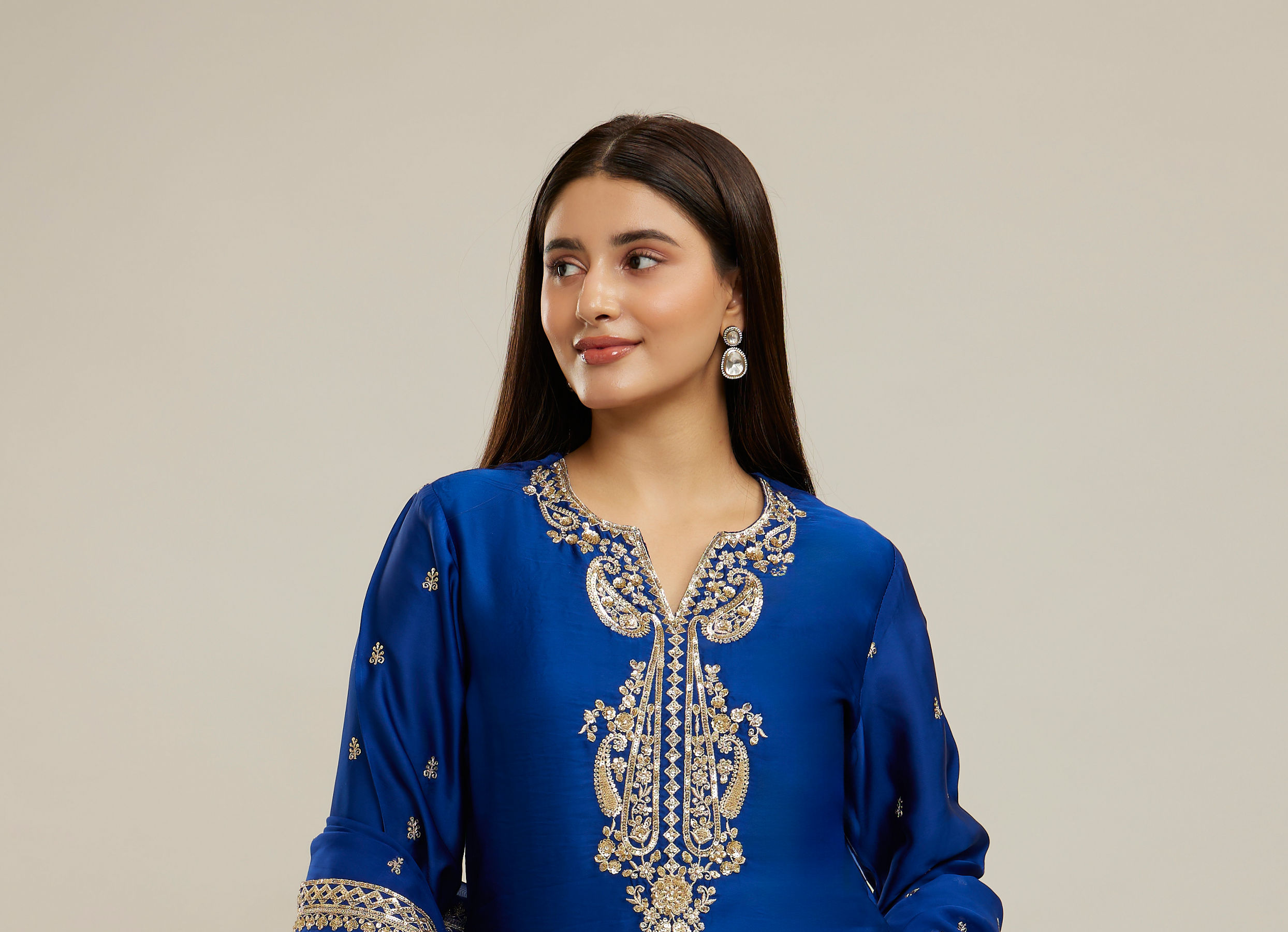 Twamev Women Royal Blue Silk Printed and Sequin Embroidered Sharara Suit
