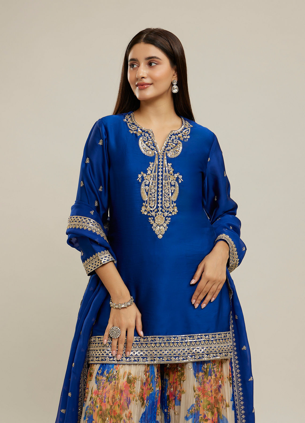 Twamev Women Royal Blue Silk Printed and Sequin Embroidered Sharara Suit