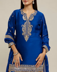Twamev Women Royal Blue Silk Printed and Sequin Embroidered Sharara Suit
