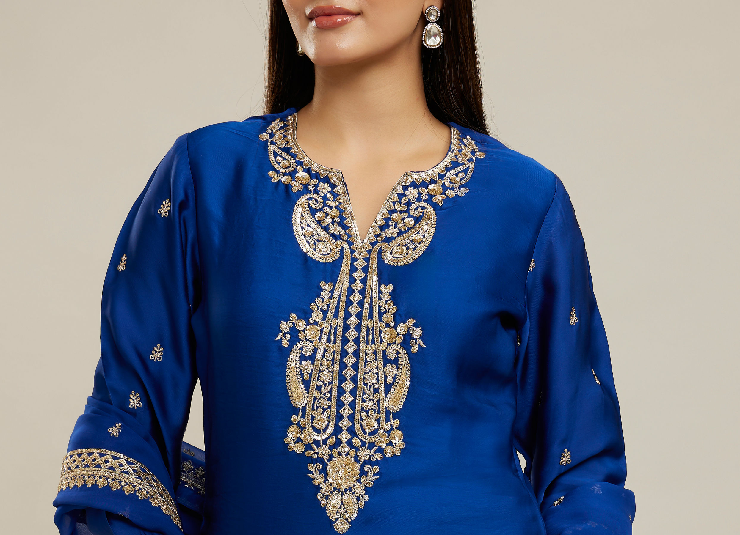 Twamev Women Royal Blue Silk Printed and Sequin Embroidered Sharara Suit