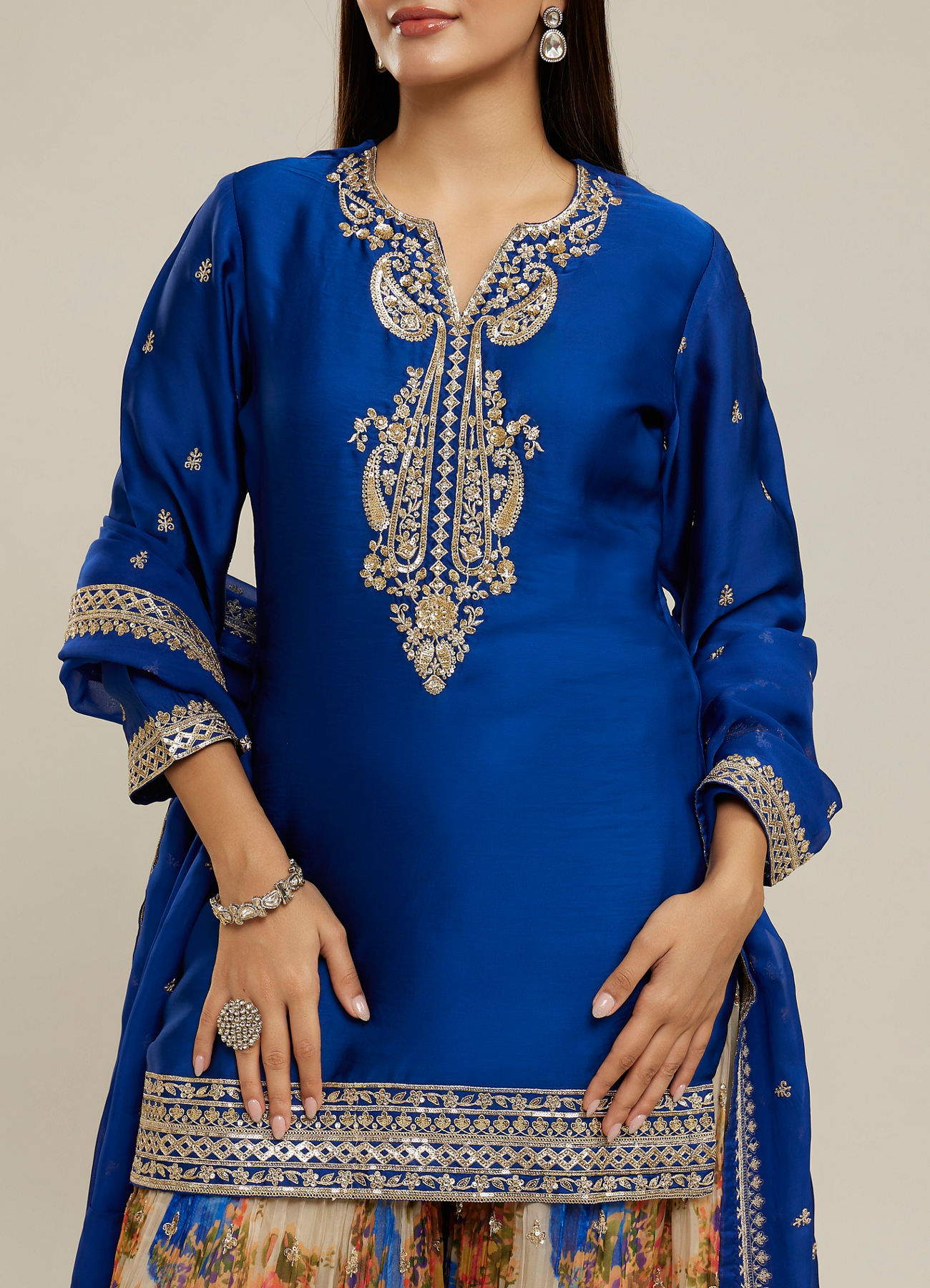 Twamev Women Royal Blue Silk Printed and Sequin Embroidered Sharara Suit