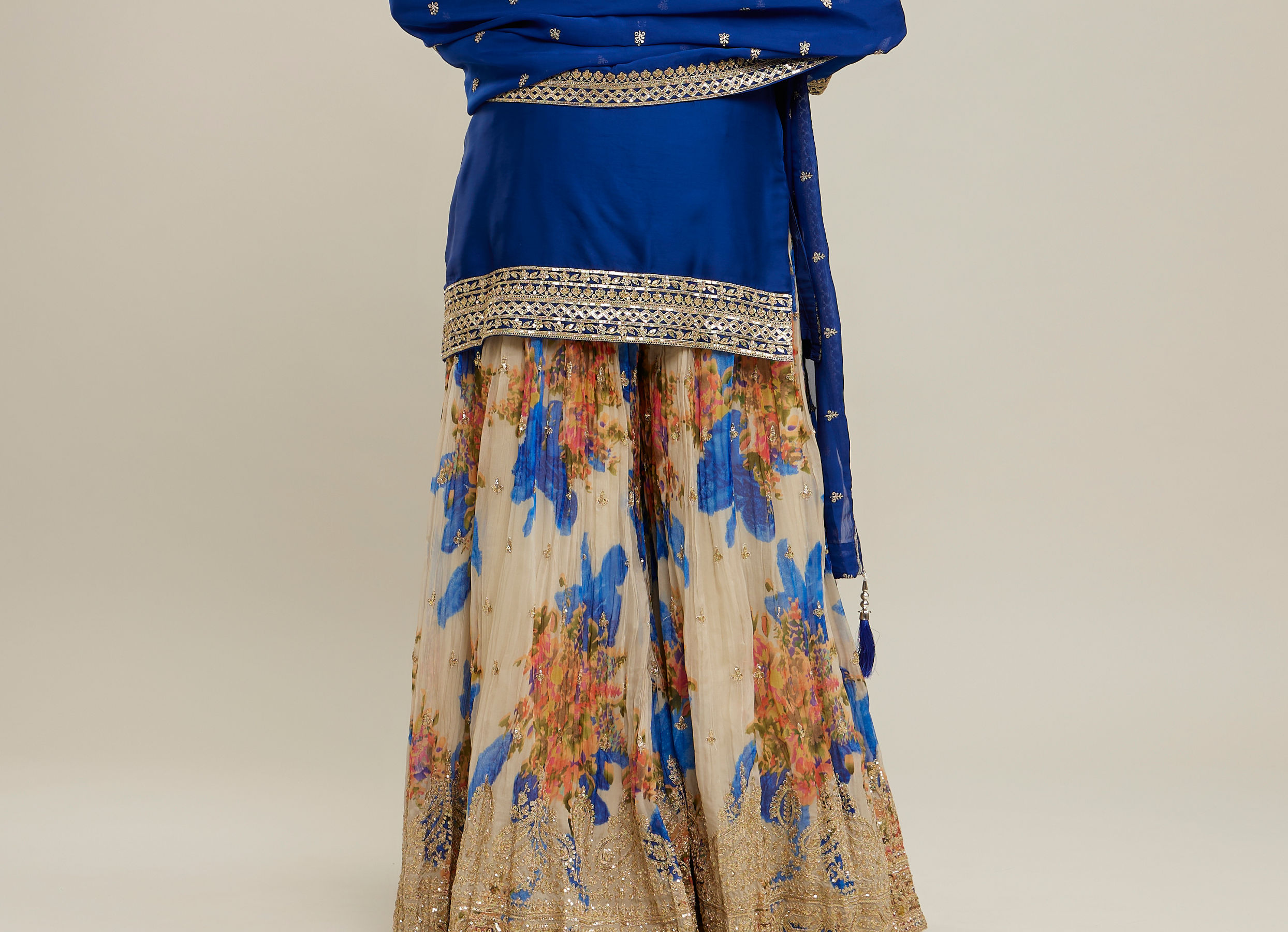 Twamev Women Royal Blue Silk Printed and Sequin Embroidered Sharara Suit