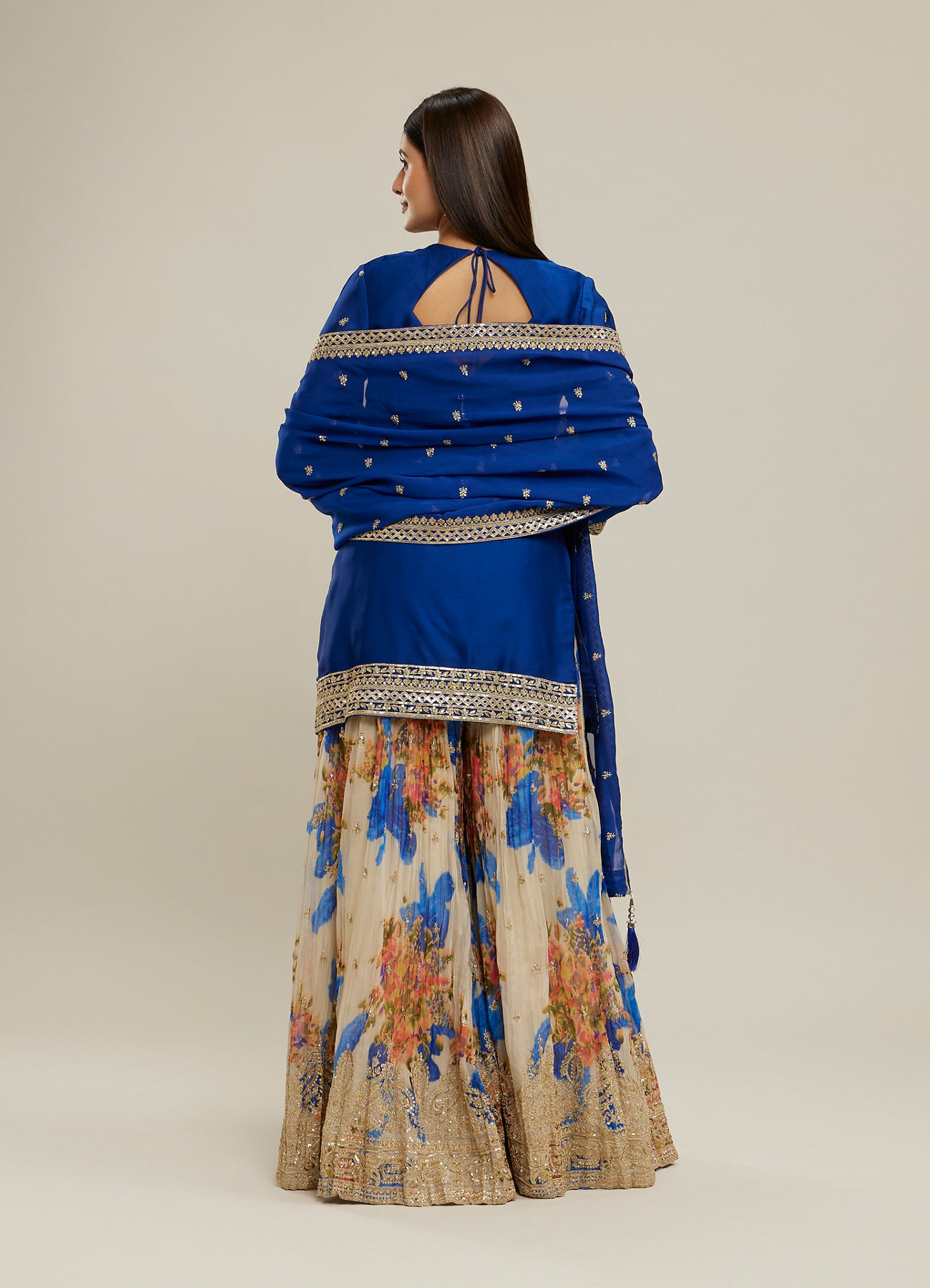 Twamev Women Royal Blue Silk Printed and Sequin Embroidered Sharara Suit