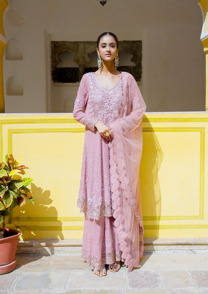 Twamev Women Ornate Pink Georgette Stitched Suit image number 0